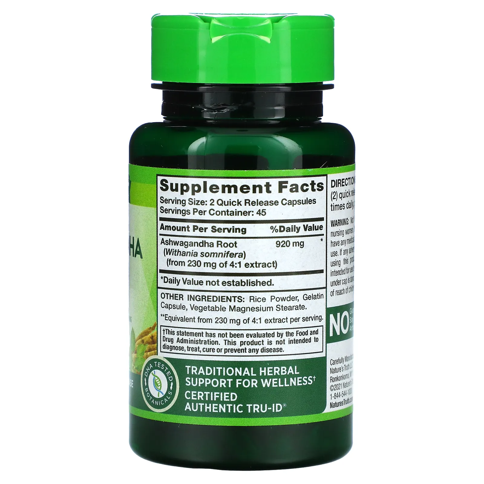 Nature's Truth, корень ашваганды, 920 мг, 90 капсул с быстрым высвобождением (460 мг в 1 капсуле)