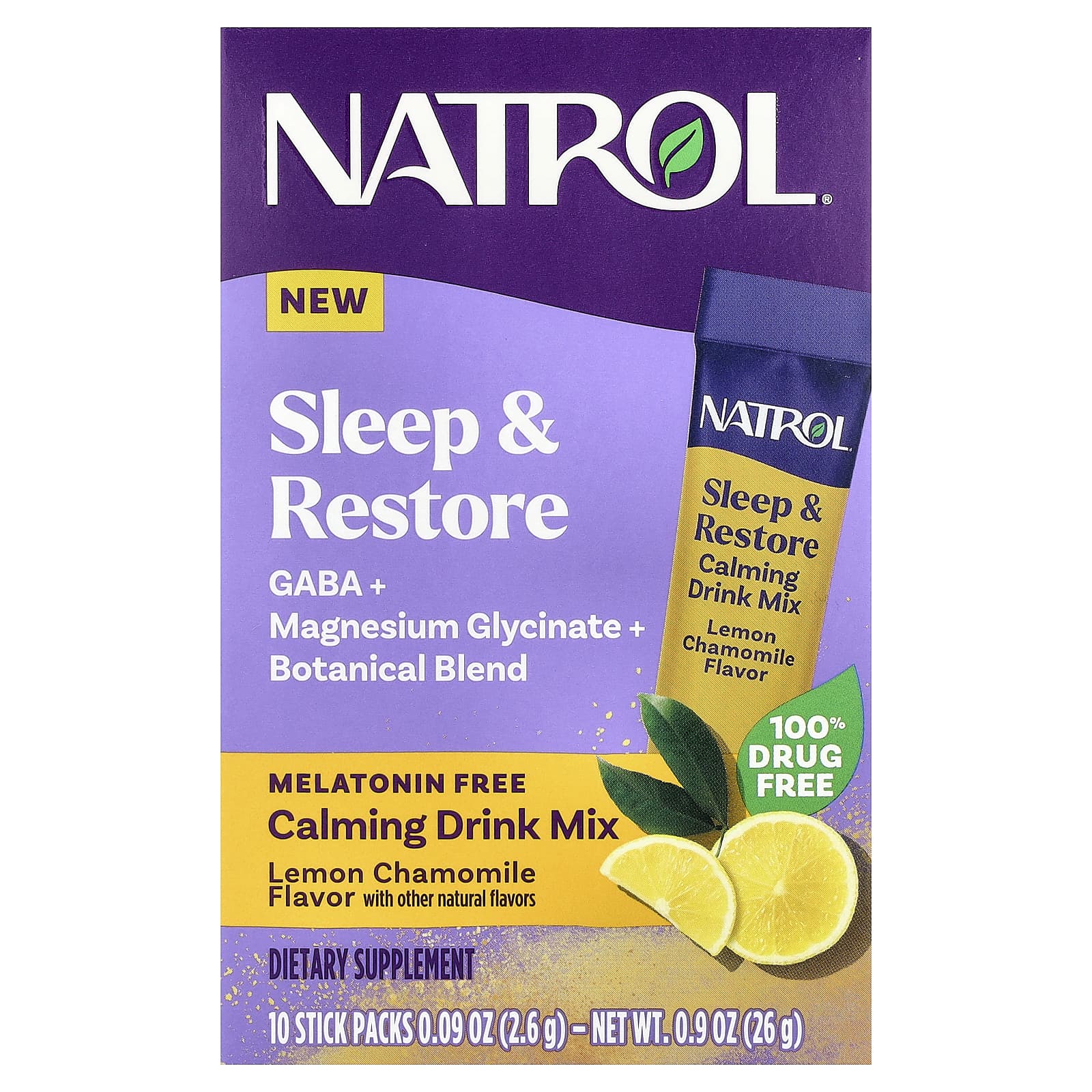 Natrol, Sleep & Restore, успокаивающая смесь для напитков, без мелатонина, лимон и ромашка, 10 пакетиков по 2,6 г (0,09 унции)