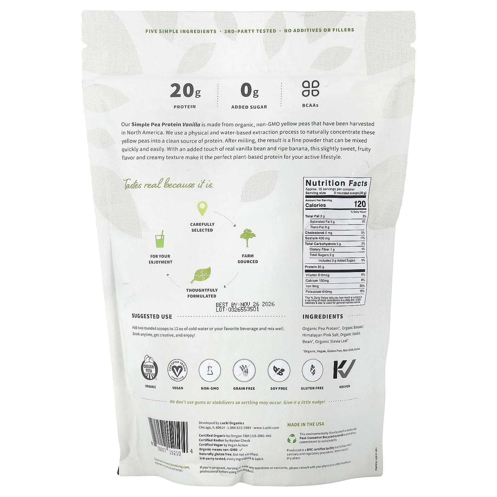 Sprout Living, простой гороховый протеин, со вкусом ванили, 454 г (1 фунт)