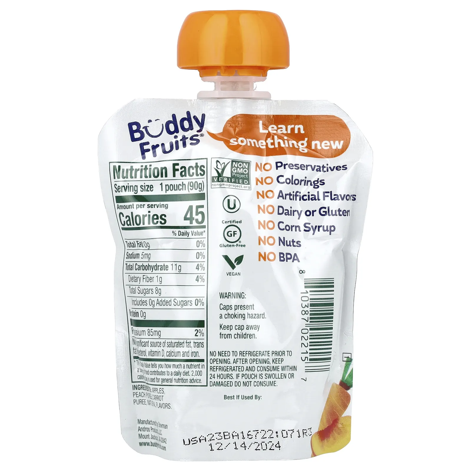 Buddy Fruits, Смесь фруктов и овощей, персик, морковь и яблоко, 90 г (3,2 унции)