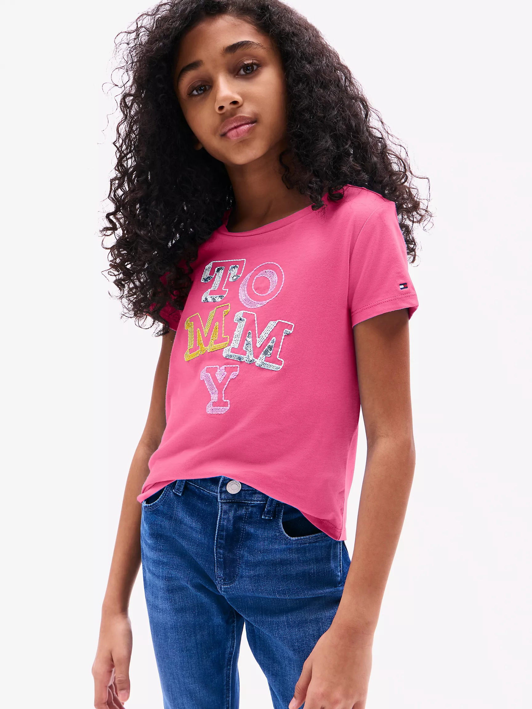 Футболка для девочек Tommy Hilfiger, Детская футболка с логотипом Tommy из пайеток