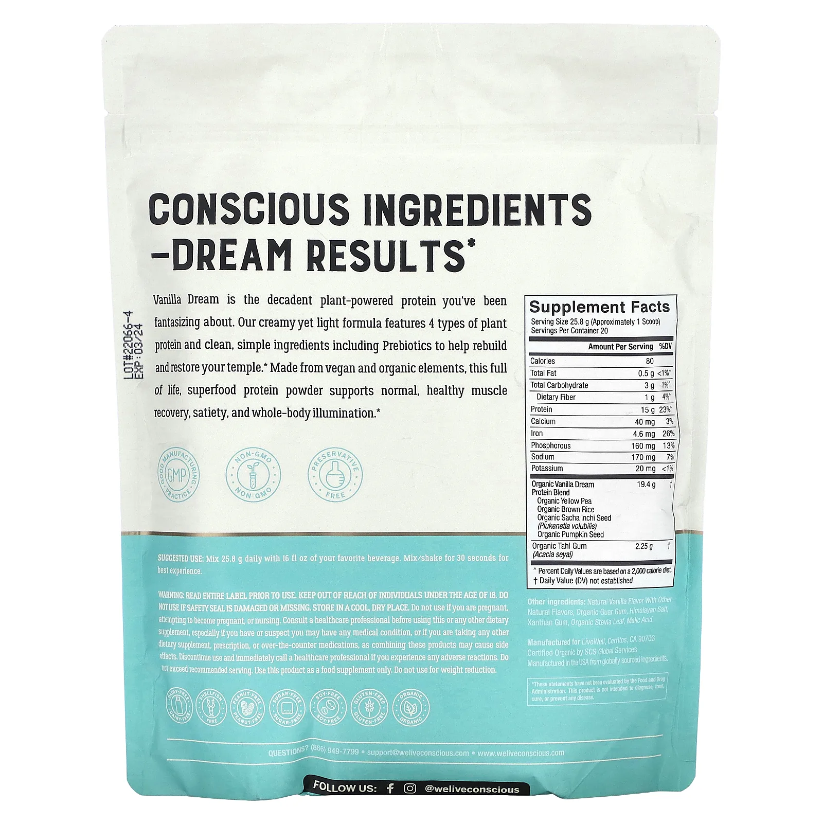 Live Conscious, органический протеин, со вкусом ванили, 516 г (1,14 фунта)