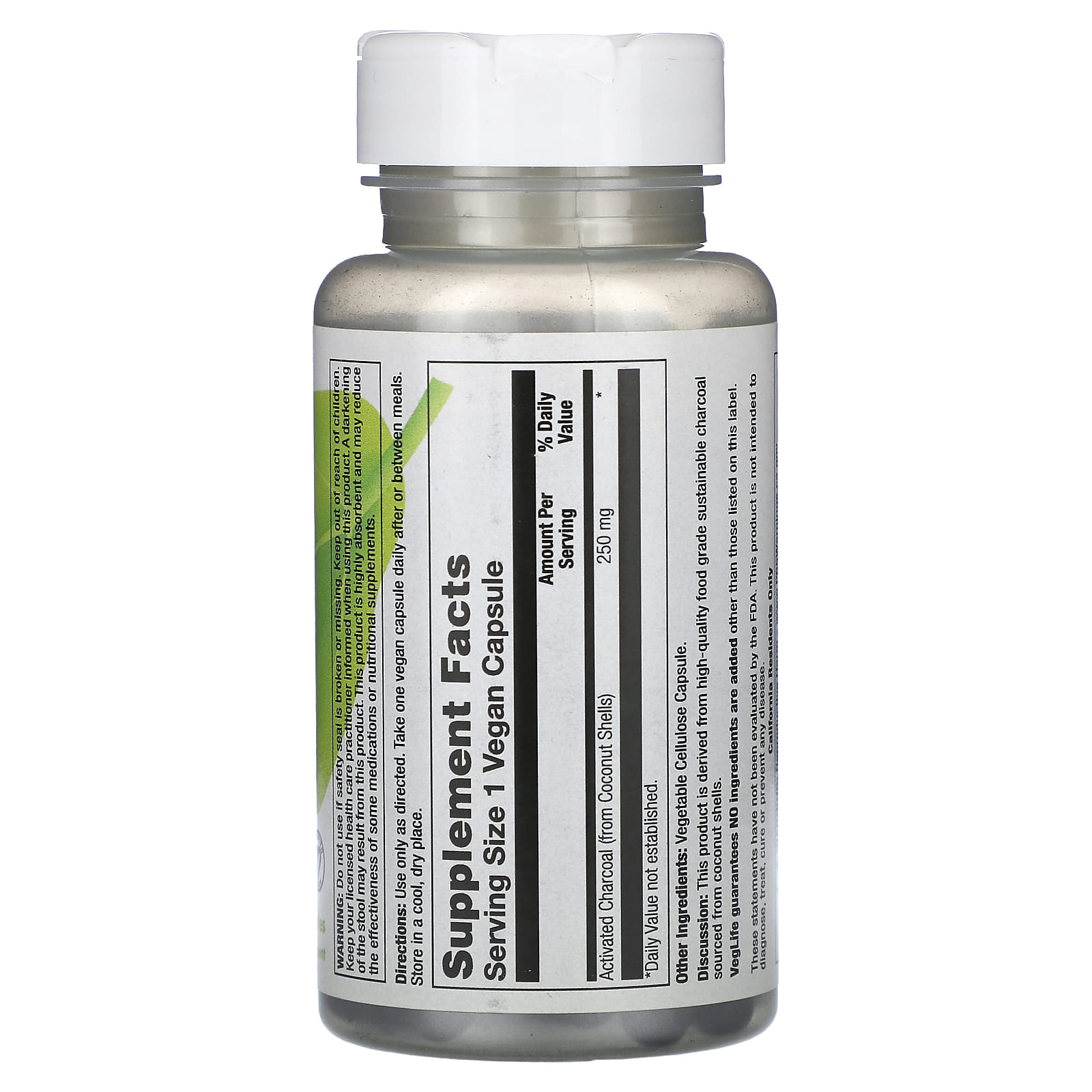 VegLife, веганский древесный уголь, 250 мг, 60 веганских капсул