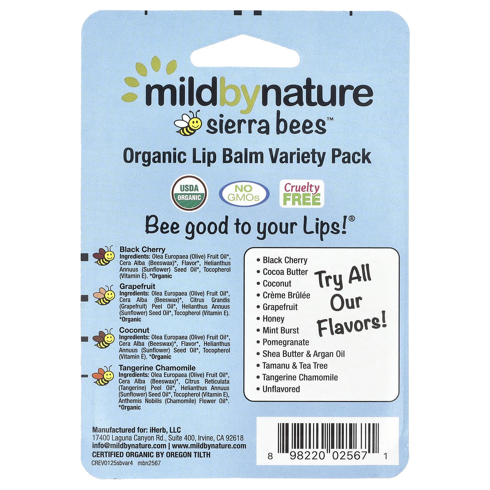 Mild By Nature, Sierra Bees™, органические бальзамы для губ, ассорти, 4 шт. по 4,25 г (0,15 унции)