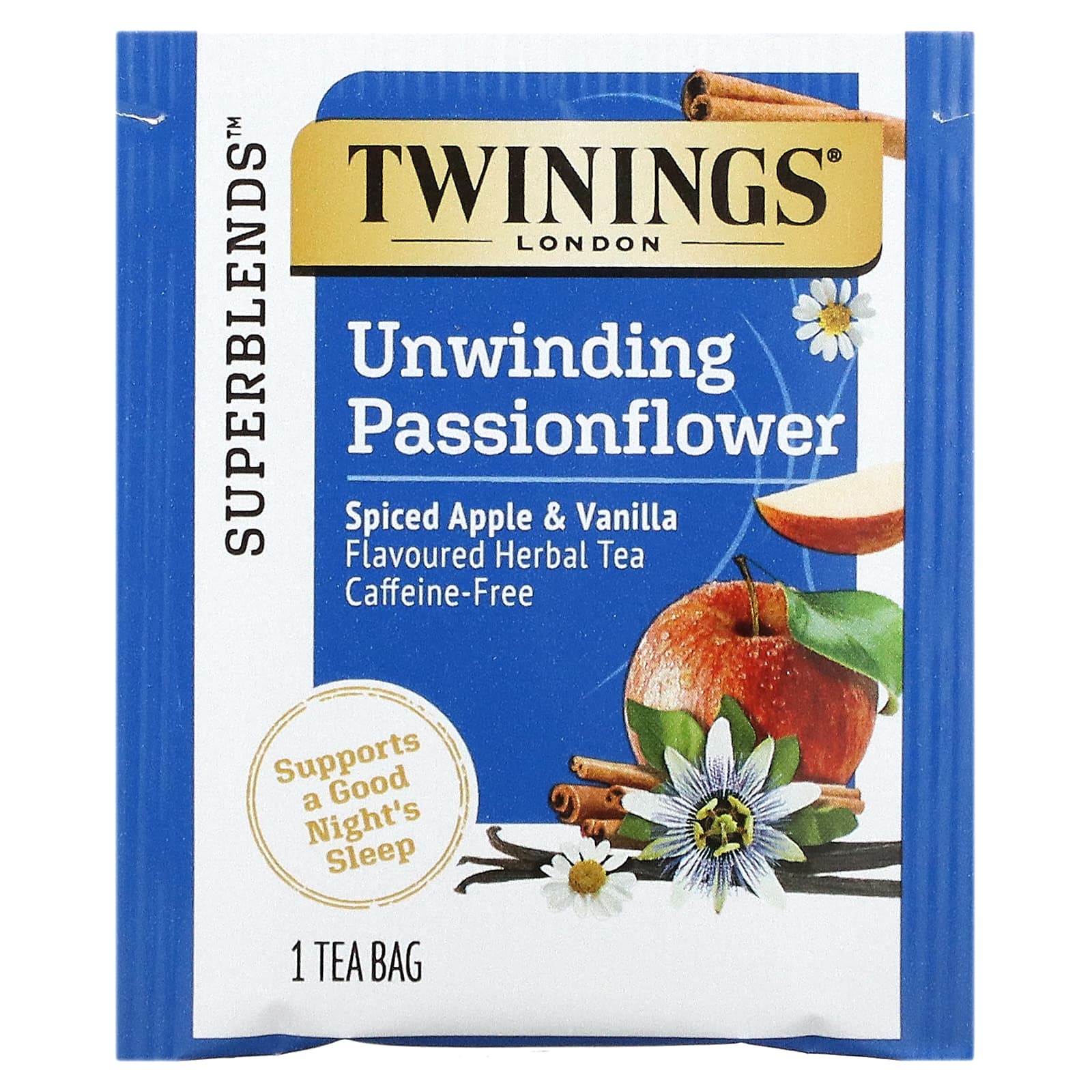 Twinings, Успокаивающий травяной чай, страстоцвет и ромашка, пряное яблоко и ваниль, без кофеина, 18 пакетиков по 0,95 унц. (27 г)