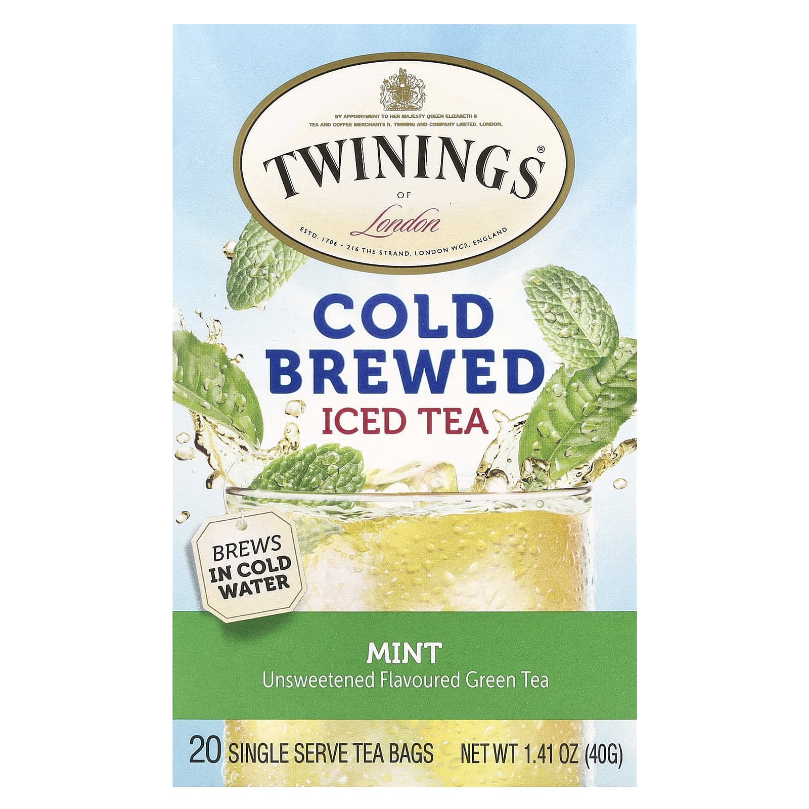 Twinings, холодный чай со льдом, несладкий зеленый чай, вкус мяты, 20 индивидуальных чайных пакетиков, 40 г (1,41 унции)