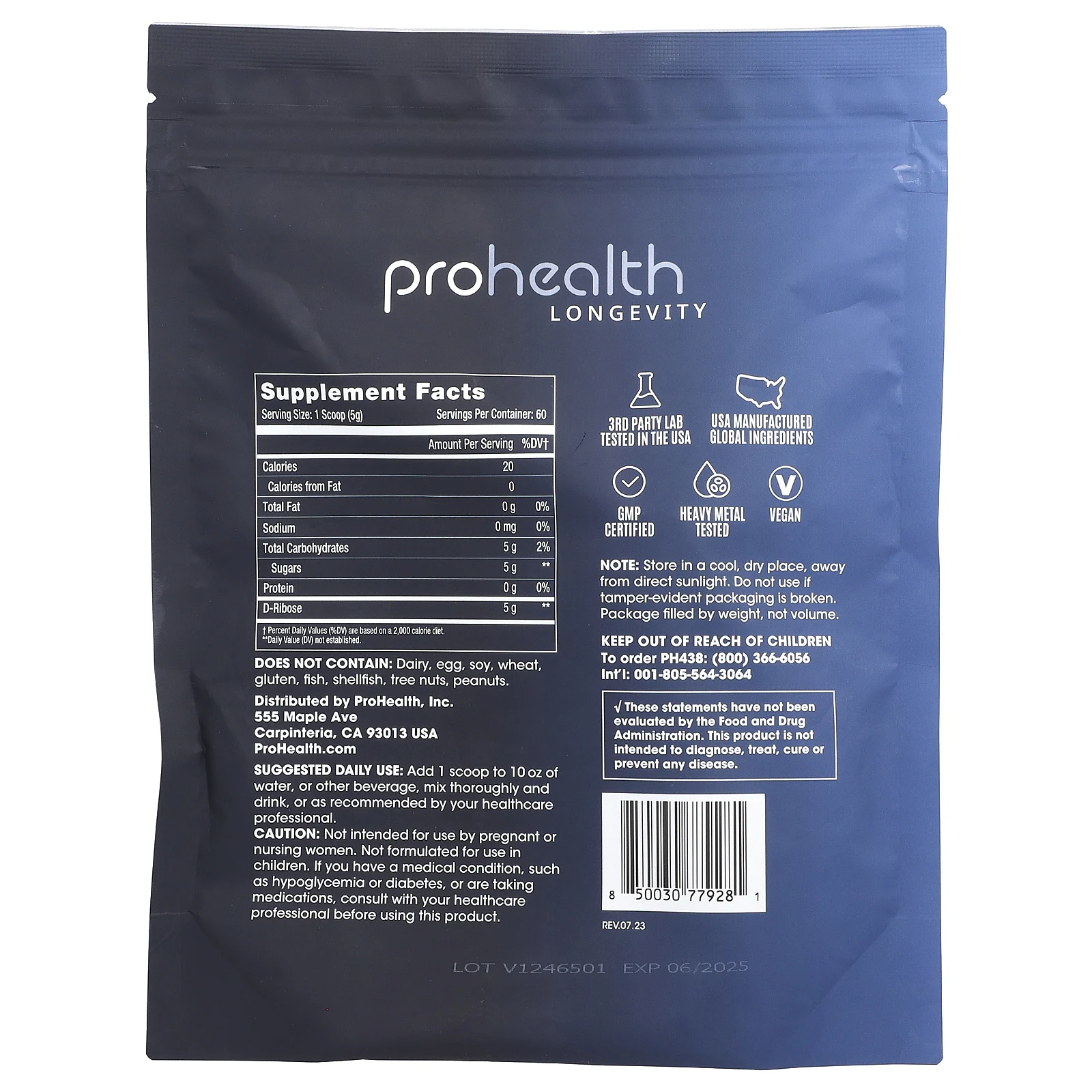 ProHealth Longevity, Чистый порошок D-рибозы, 300 г