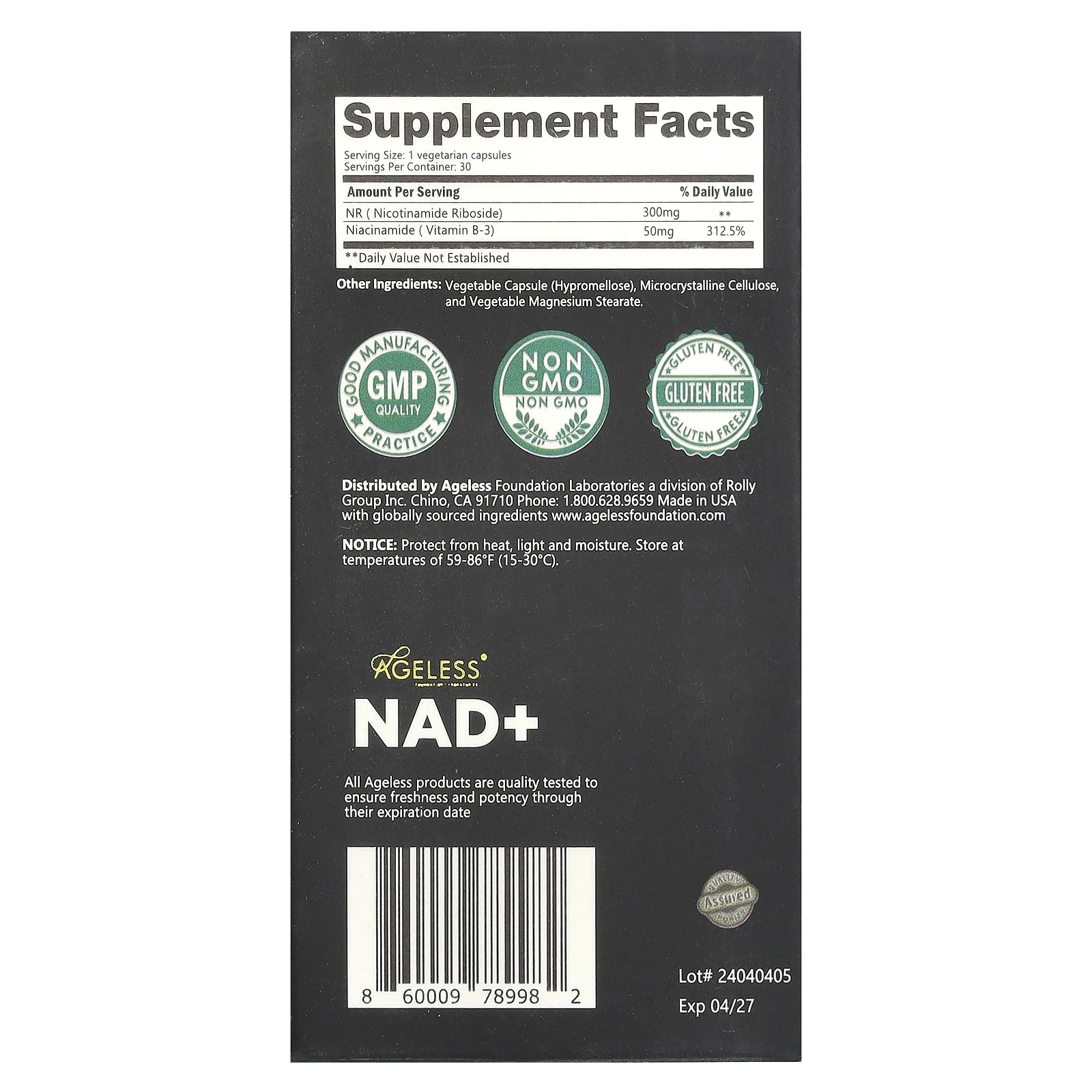 Ageless Foundation Laboratories, NAD + Boost, 30 растительных капсул