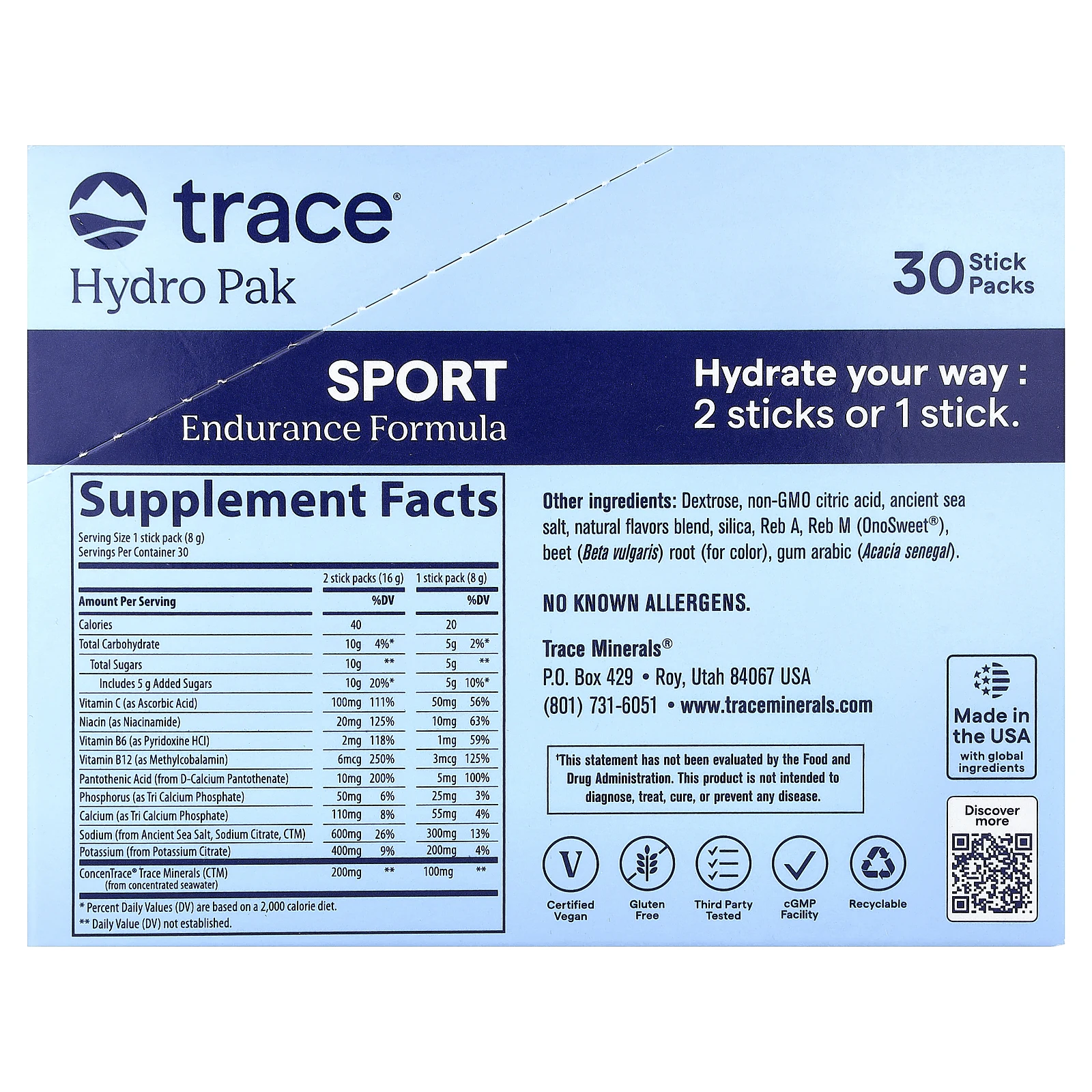Trace, Hydro Pak Sport, Strawberry Coconut, 30 Stick Packs, 0.28 oz (8 g) Each