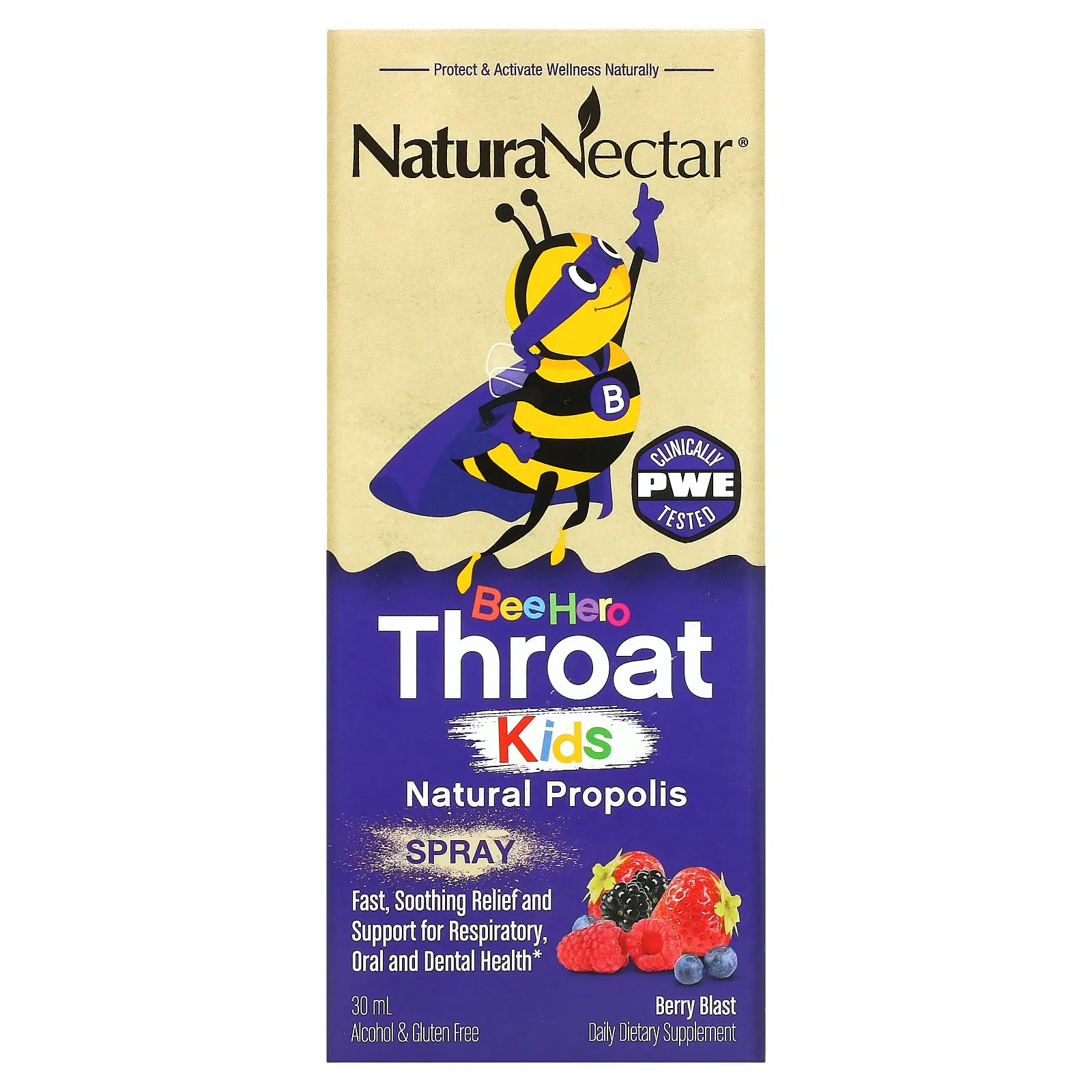 NaturaNectar, Bee Hero Throat Kids, Натуральный спрей с прополисом, Berry Blast, 30 мл