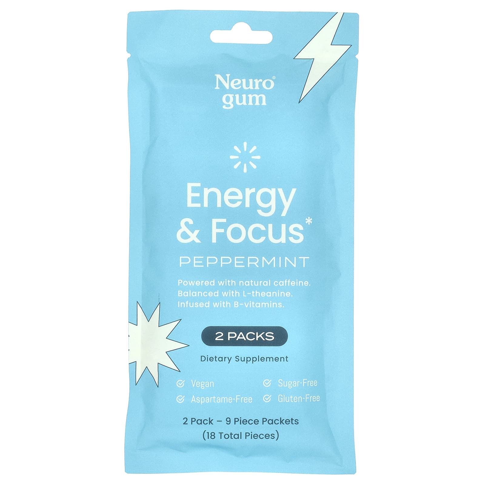 NeuroGum, Energy & Focus, перечная мята, 2 упаковки, по 9 шт.