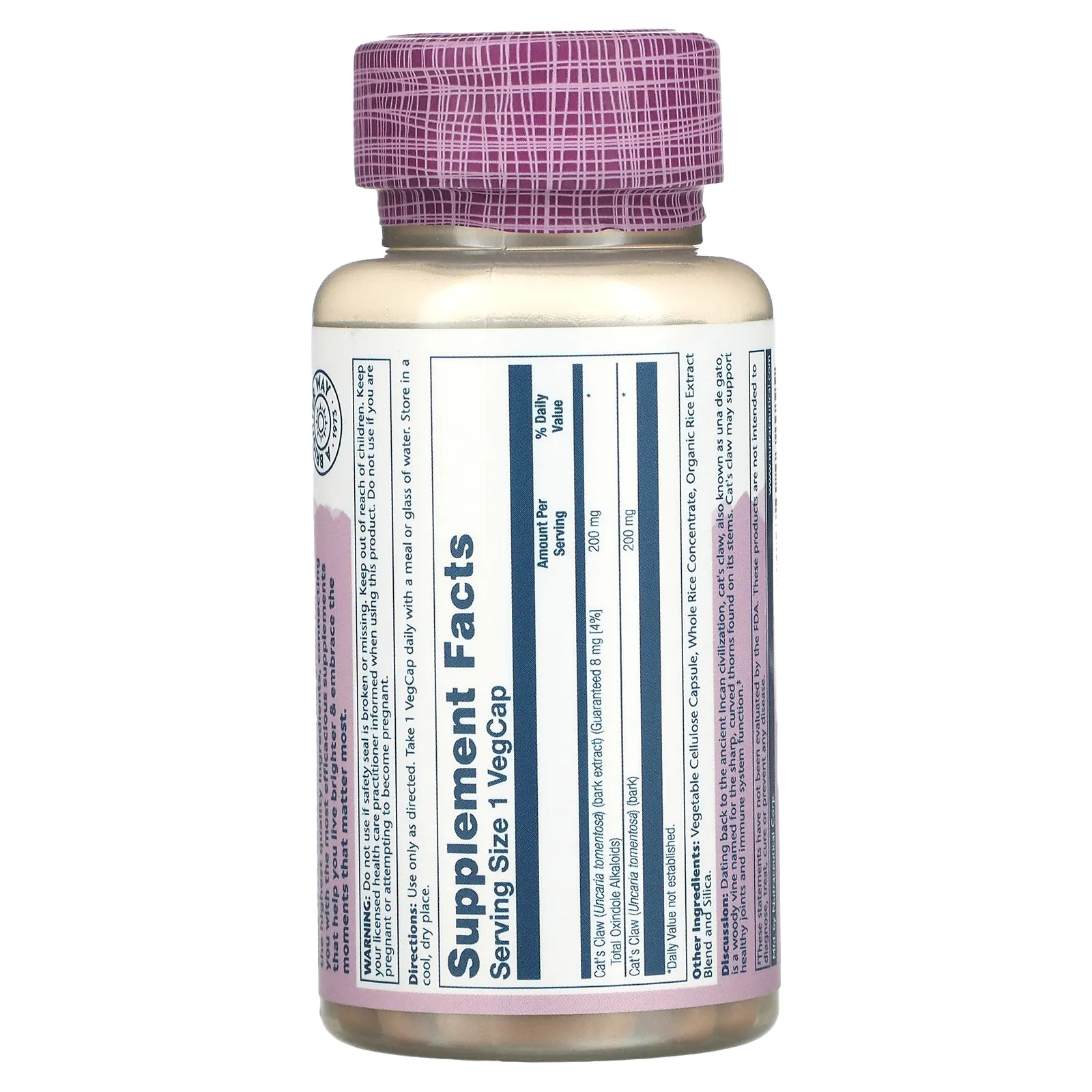 Solaray, Экстракт коры кошачьего когтя, 200 мг, 30 вегетарианских капсул