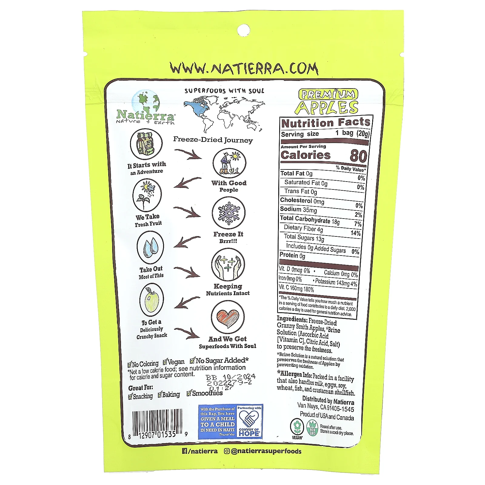 Natierra, сублимированные яблоки премиального качества, 20 г (0,7 унции)