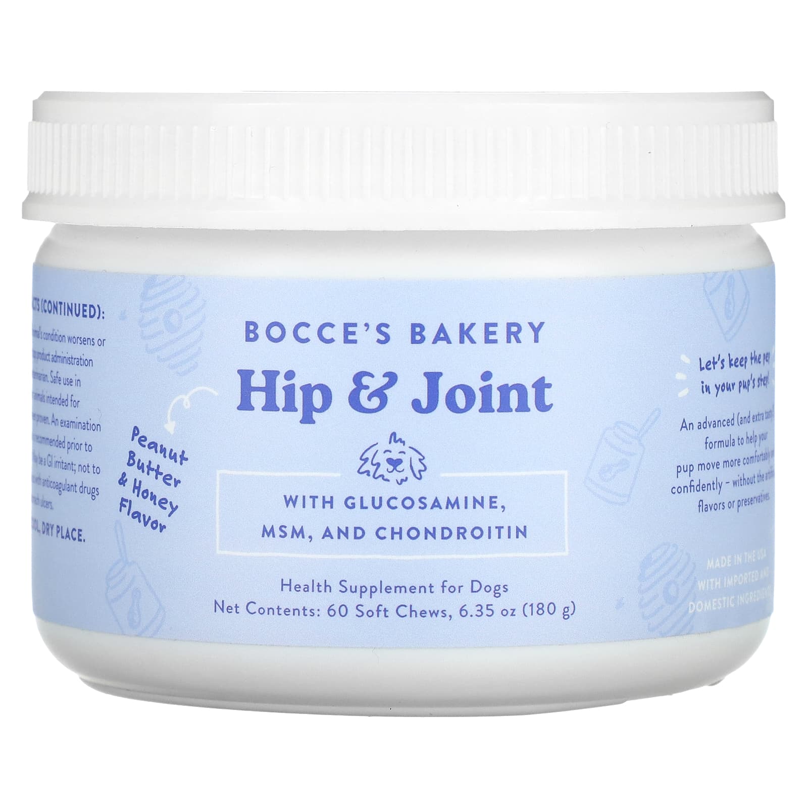 Bocce's Bakery, Для бедер и суставов, для собак, арахисовая паста и мед, 60 жевательных таблеток, 180 г (6,35 унции)
