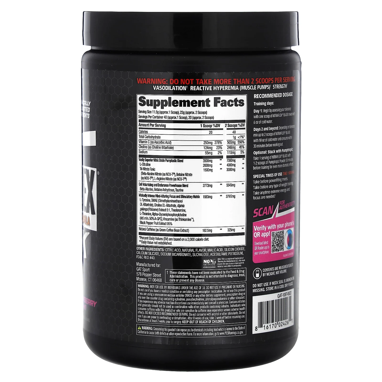 GAT, Sport, NITRAFLEX, черный, со вкусом клубники и киви, 460 г (1,01 фунта)