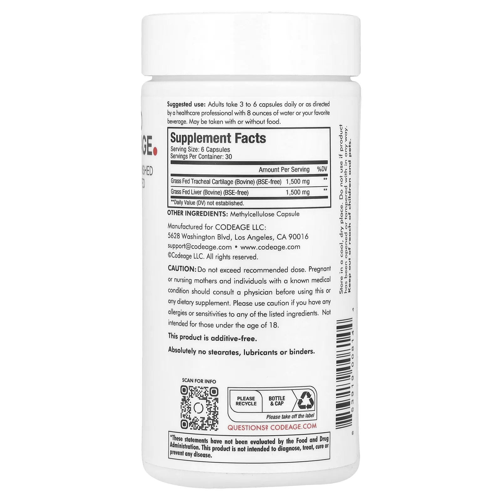 Codeage, Говяжий хрящ, выращенный на пастбищах, 180 капсул