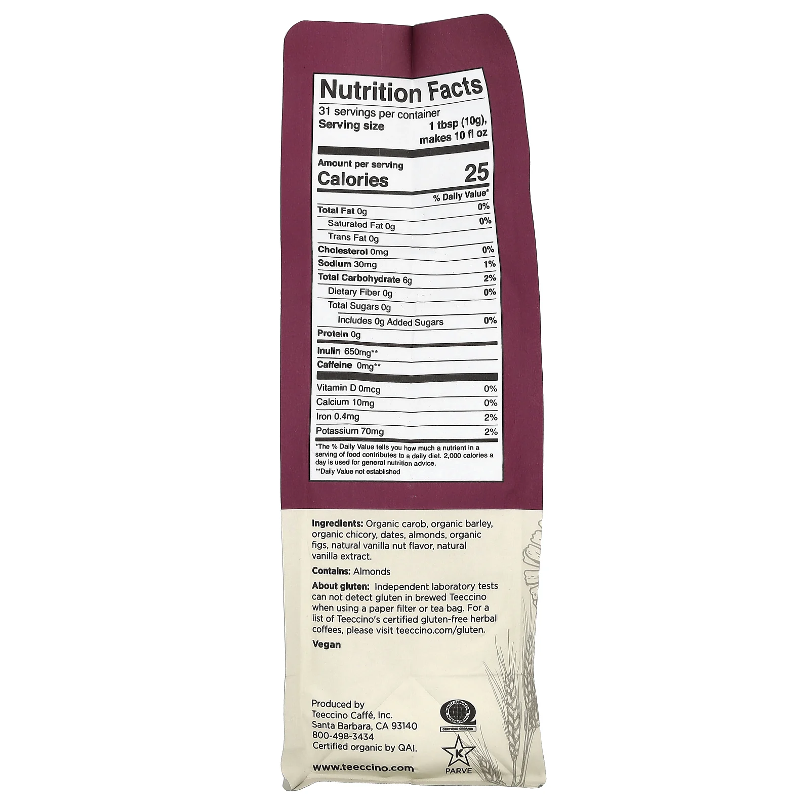 Teeccino, травяной кофе из цикория, со вкусом ванили и ореха, средняя прожарка, без кофеина, 312 г (11 унций)