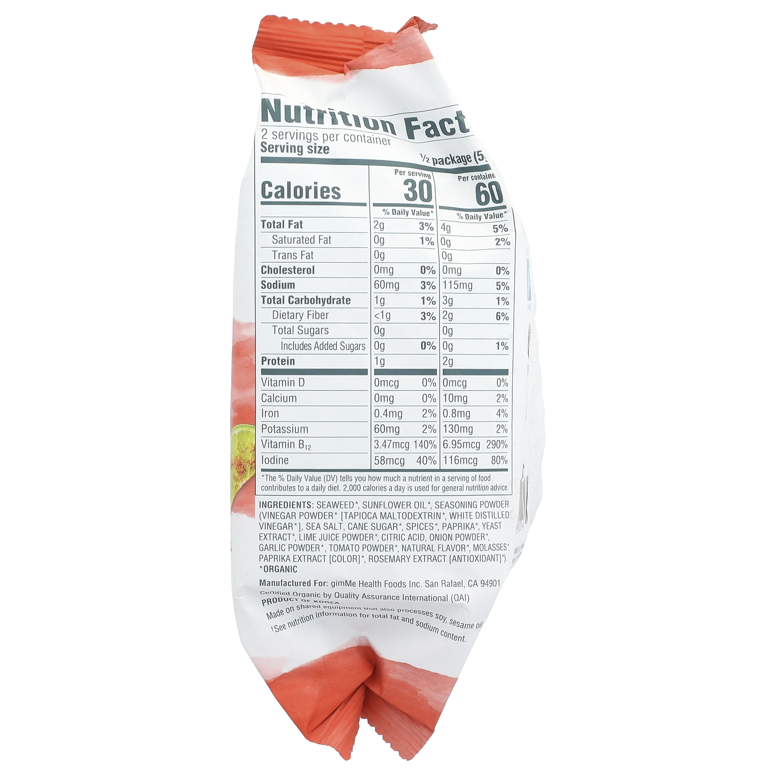 gimMe, Снеки из жареных морских водорослей, чили и лайм, 10 г (0,35 унции)