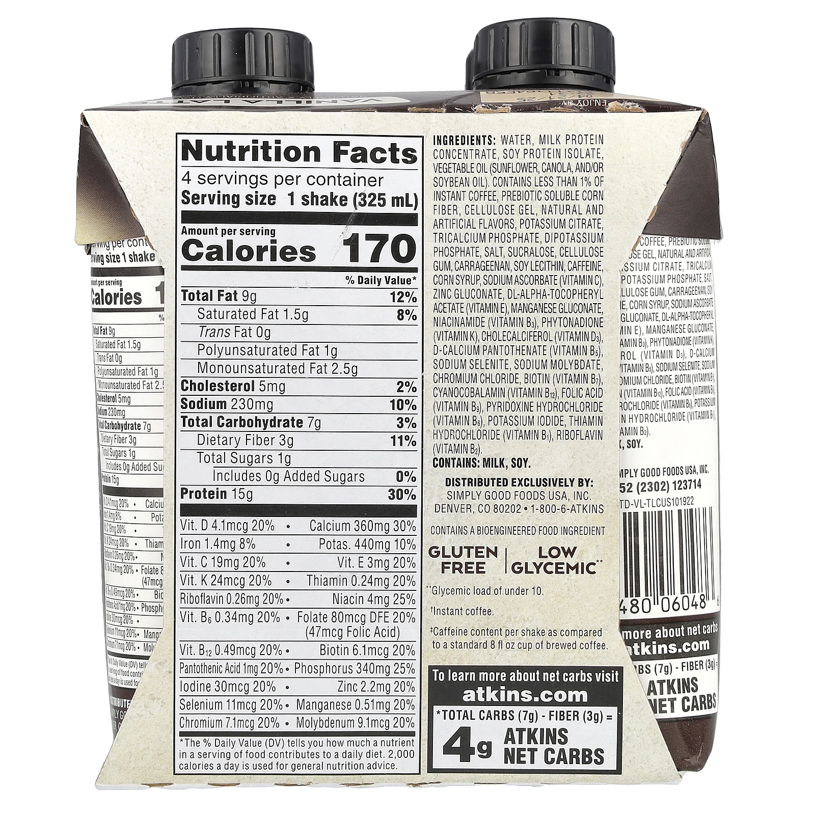 Atkins, Кофейный протеиновый коктейль со льдом, ванильный латте, 4 коктейля, 325 мл (11 жидк. унц.)