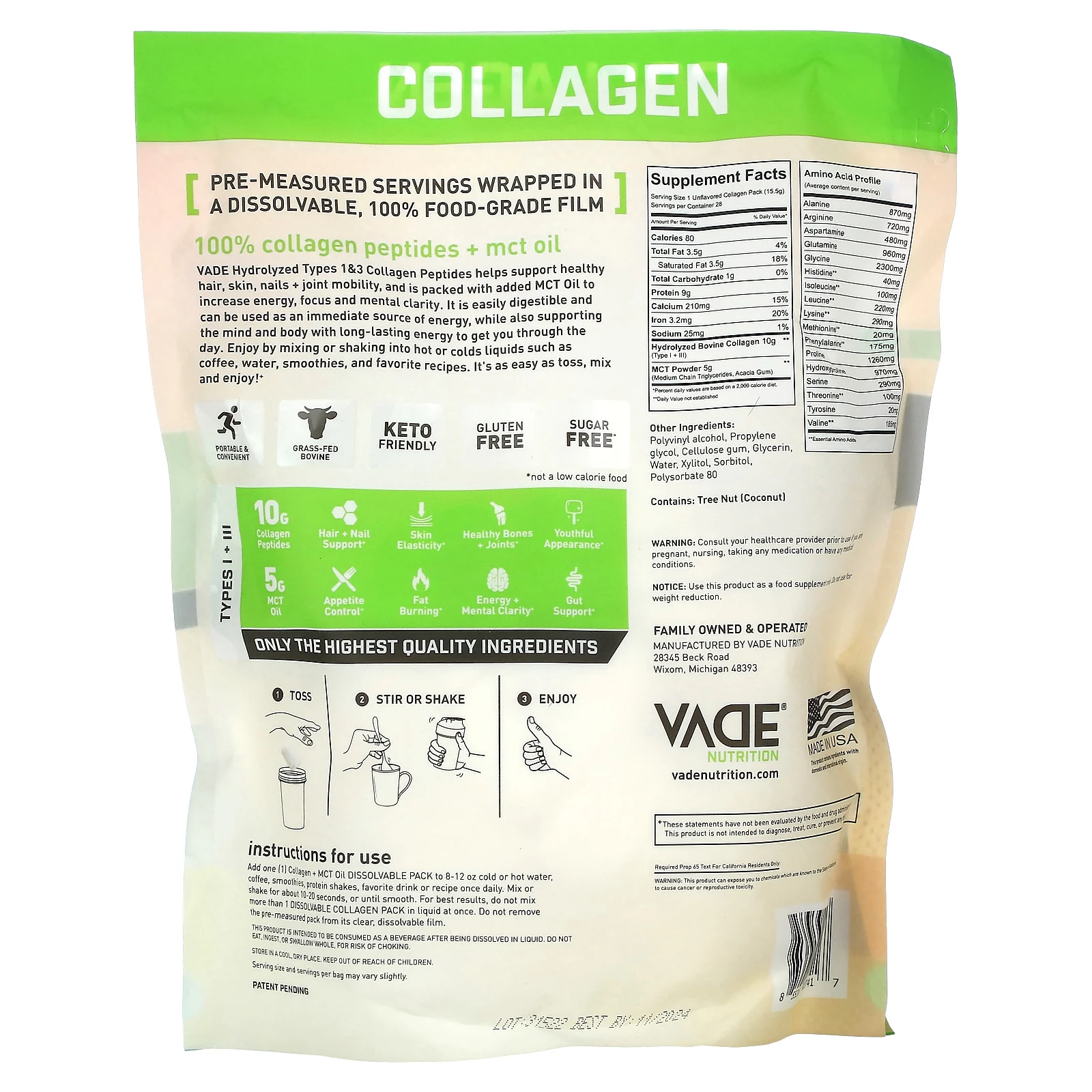 Vade Nutrition, Пакетики с растворимым коллагеном, коллаген + масло среднецепочечных триглицеридов, без добавок, 434 г (0,96 фунта)