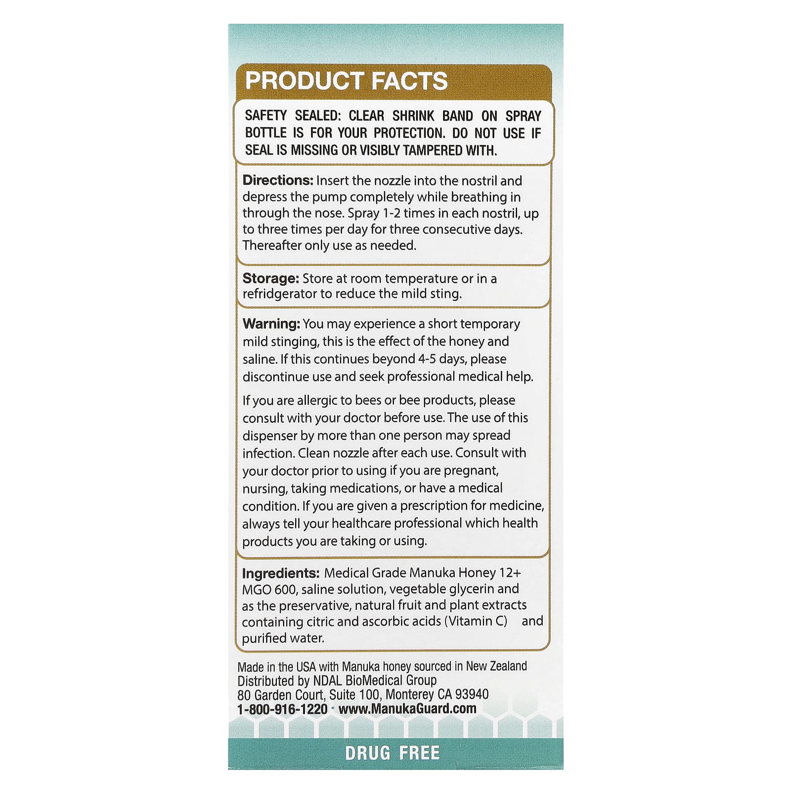 ManukaGuard, Manuka Honey, медицинский, спрей для носа повышенной силы, 20 мл (0,65 жидк. Унции)