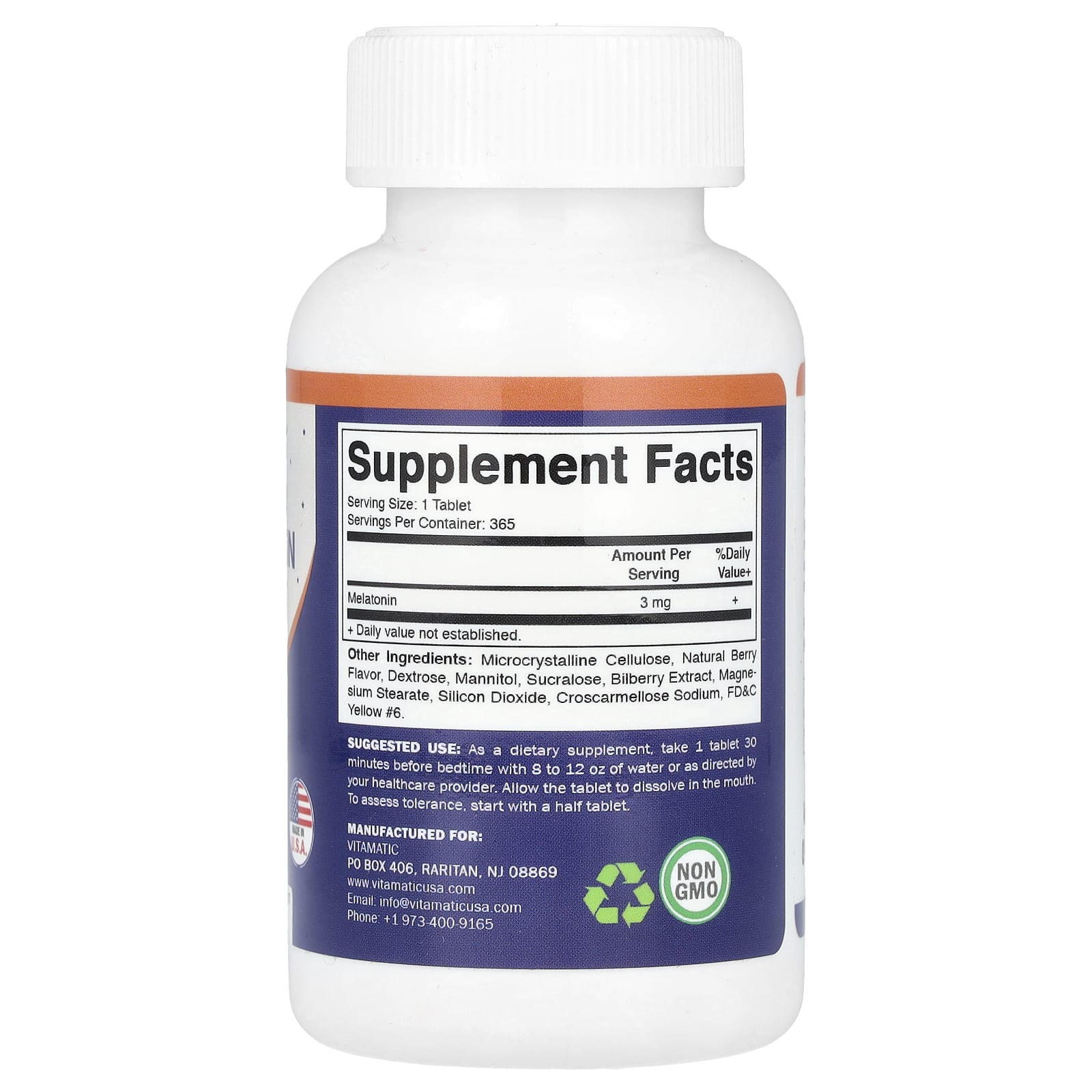 Vitamatic, Мелатонин, натуральные ягоды, 3 мг, 365 быстро растворяющихся таблеток