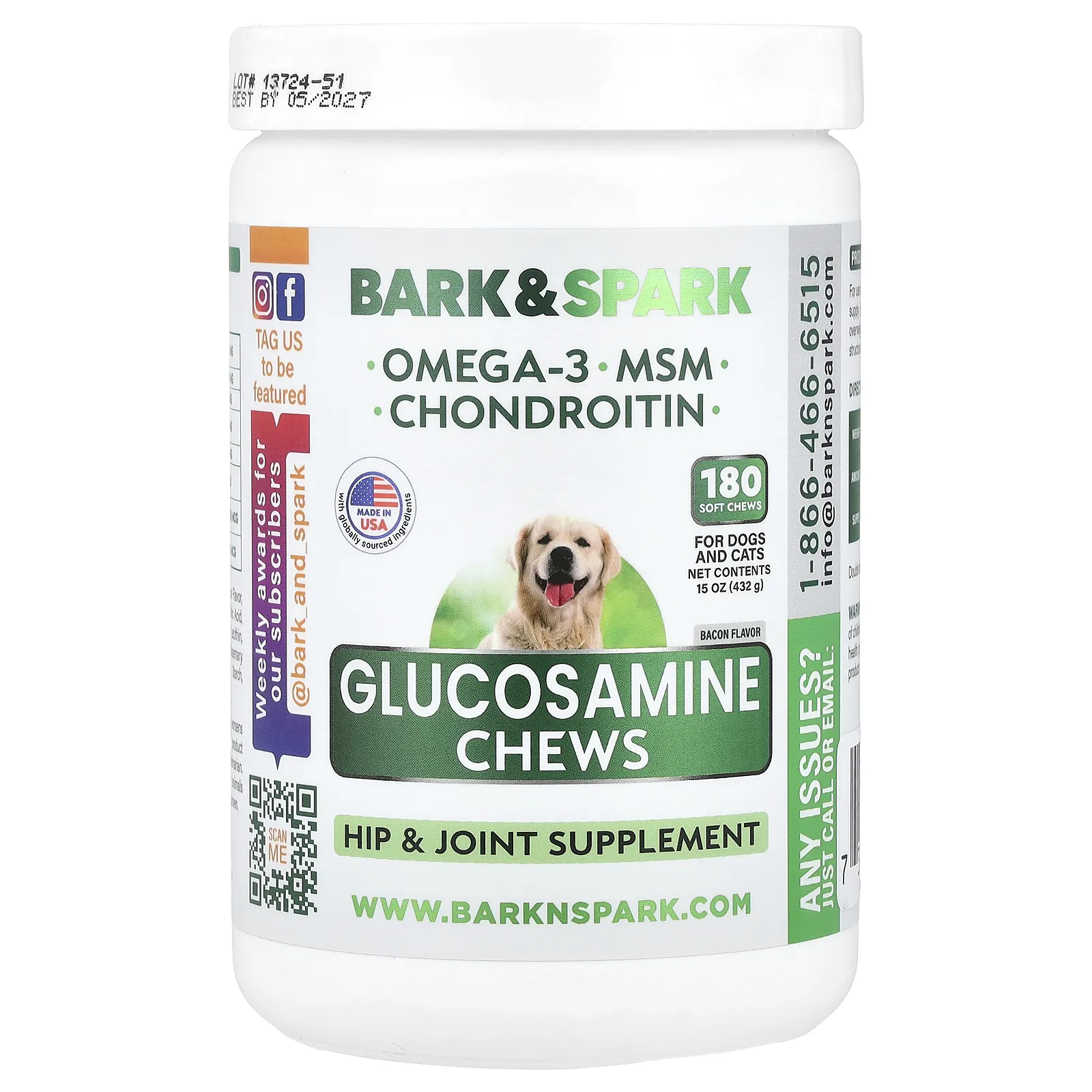 Bark&Spark, Жевательные таблетки с глюкозамином, для собак и кошек, с беконом, 180 жевательных таблеток, 432 г (15 унций)