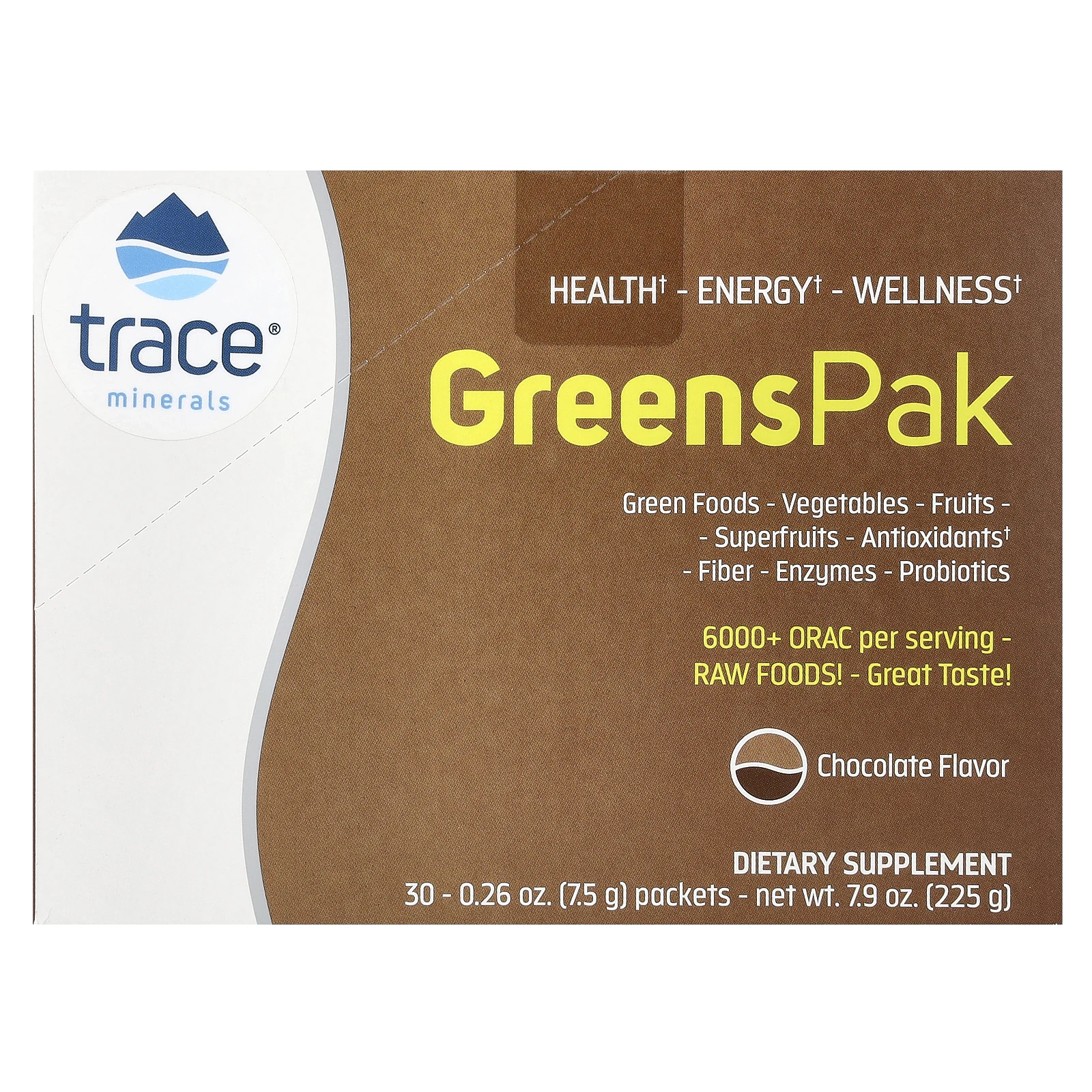 Trace Minerals ®, GreensPak, с шоколадным вкусом, 30 пакетиков, 7,5 г (0,26 унции) каждый
