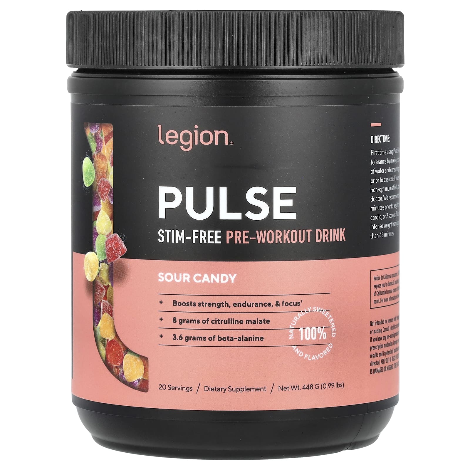 Legion Athletics, Pulse, предтренировочный напиток без стимуляторов, кислые конфеты, 448 г (0,99 фунта)