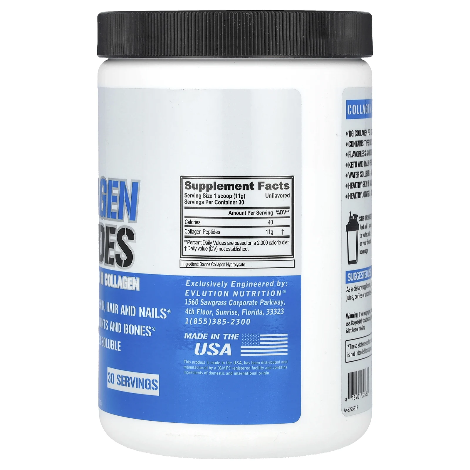 EVLution Nutrition, пептиды коллагена, гидролизованный коллаген типа 1 и 3, с нейтральным вкусом, 330 г (11,64 унции)