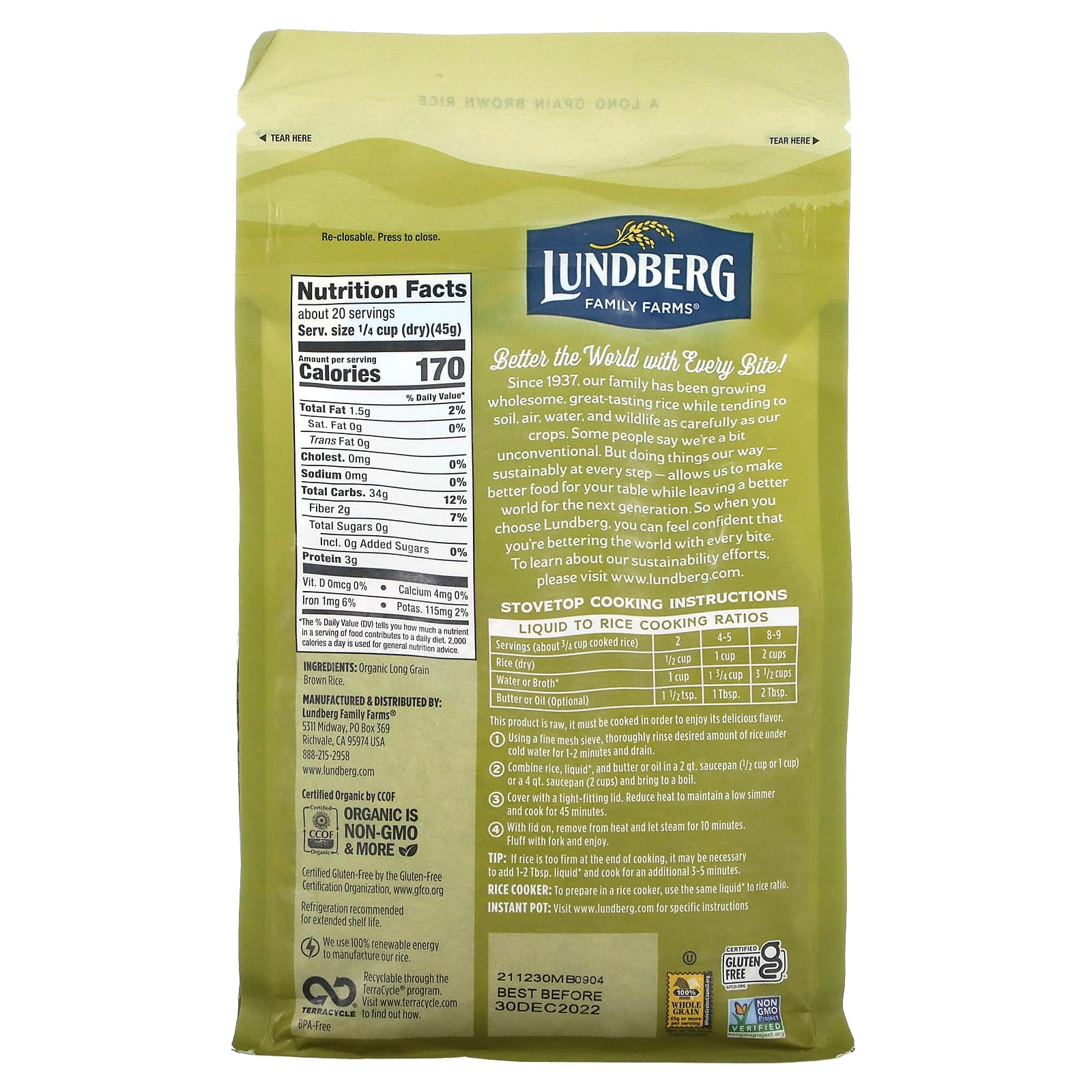 Lundberg, Органический коричневый длиннозерный рис, 907 г (32 унции)