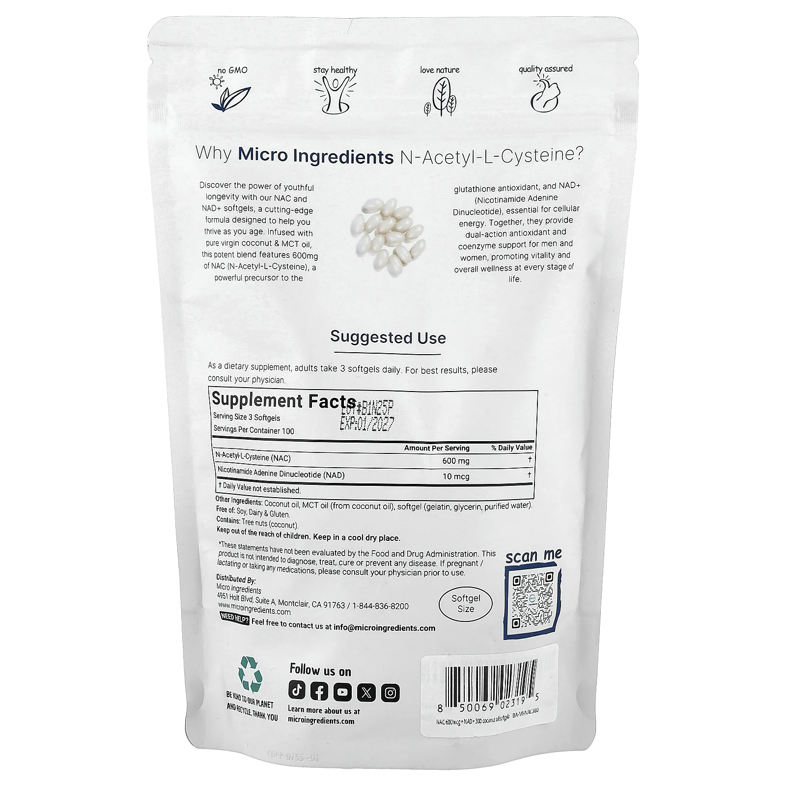 Micro Ingredients, NAC с NAD +, 300 мягких таблеток