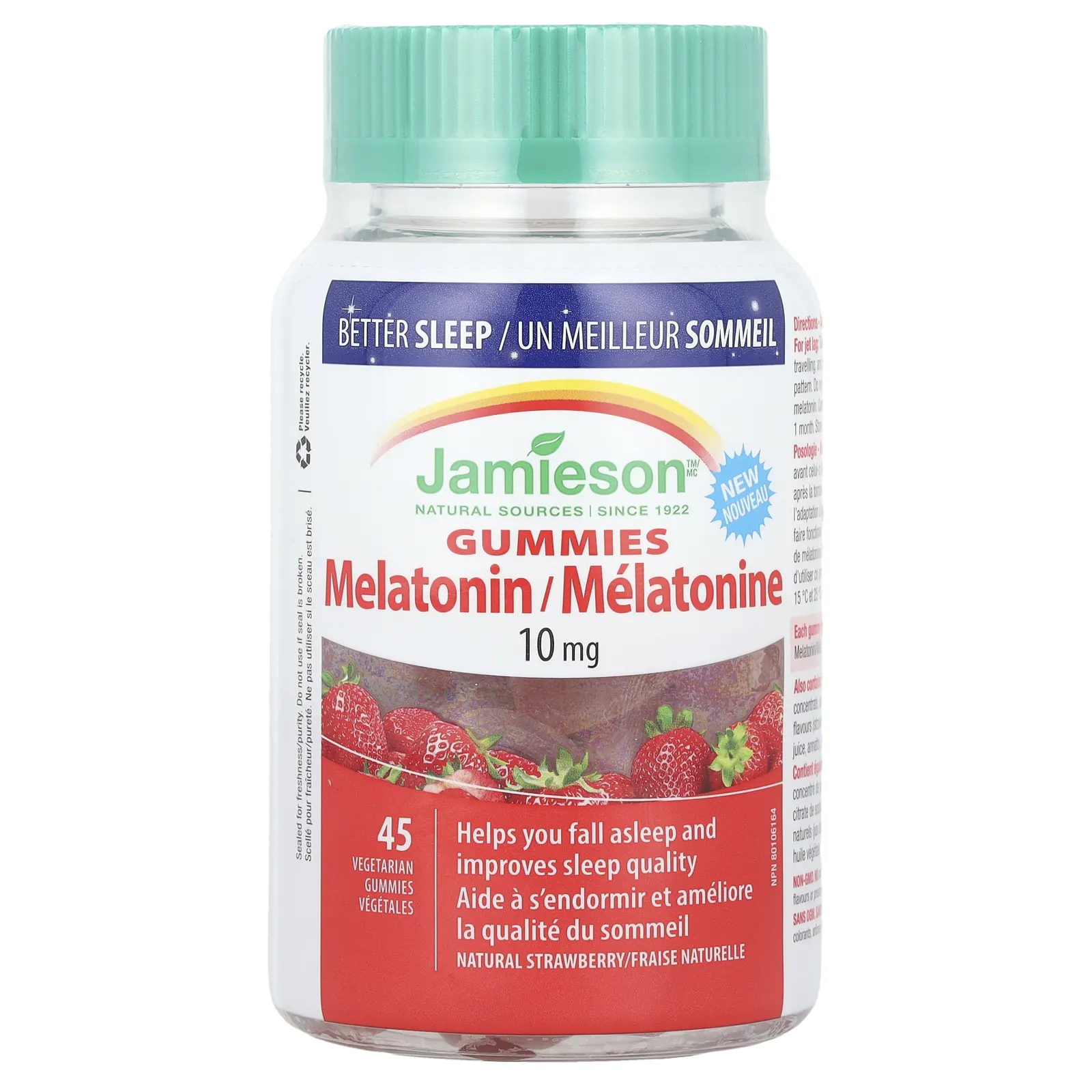 Jamieson Vitamins, Жевательные мармеладки с мелатонином, натуральная клубника, 10 мг, 45 вегетарианских жевательных таблеток