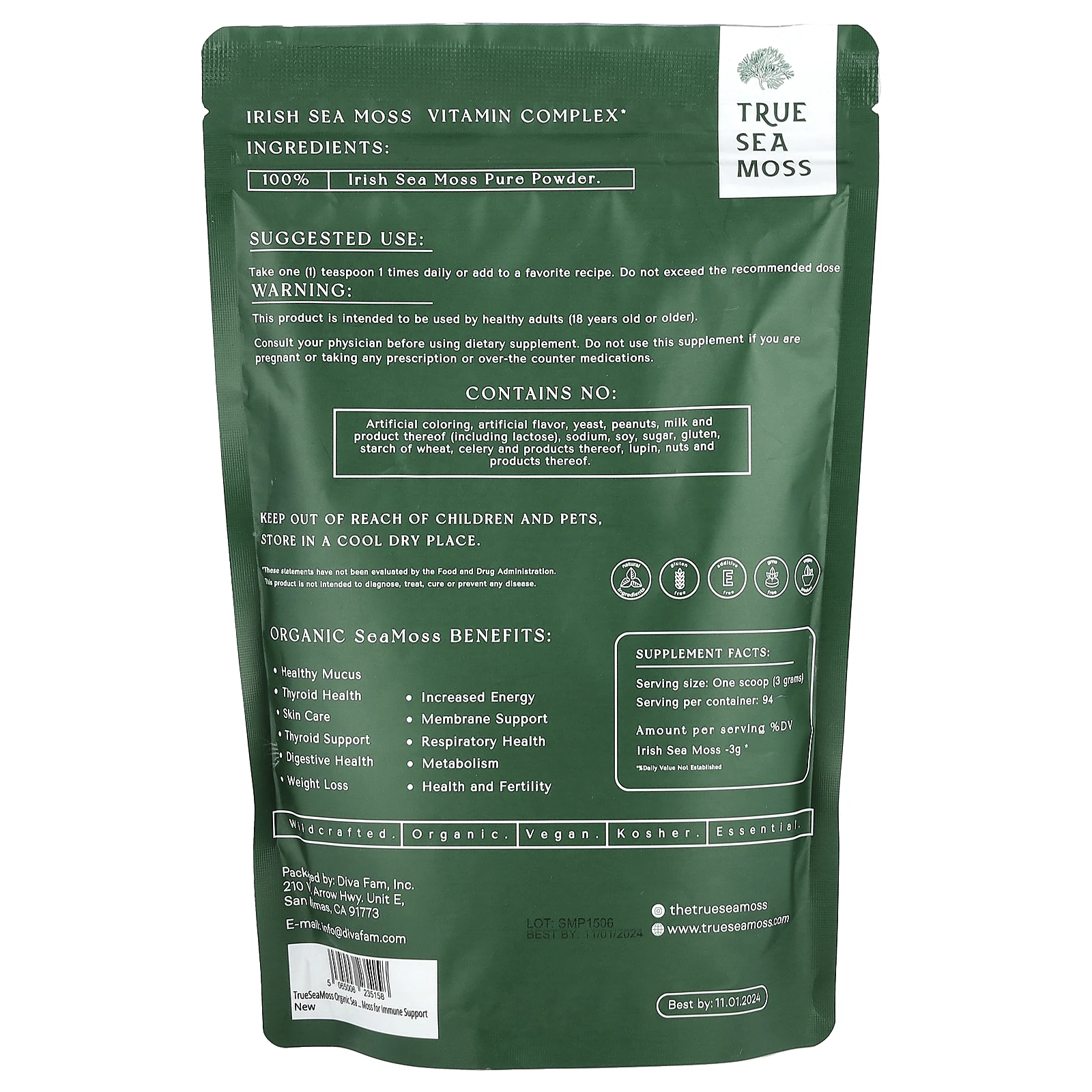 True Sea Moss, Органический витаминный комплекс премиального качества в порошке с морским мхом, 227 г (8 унций)