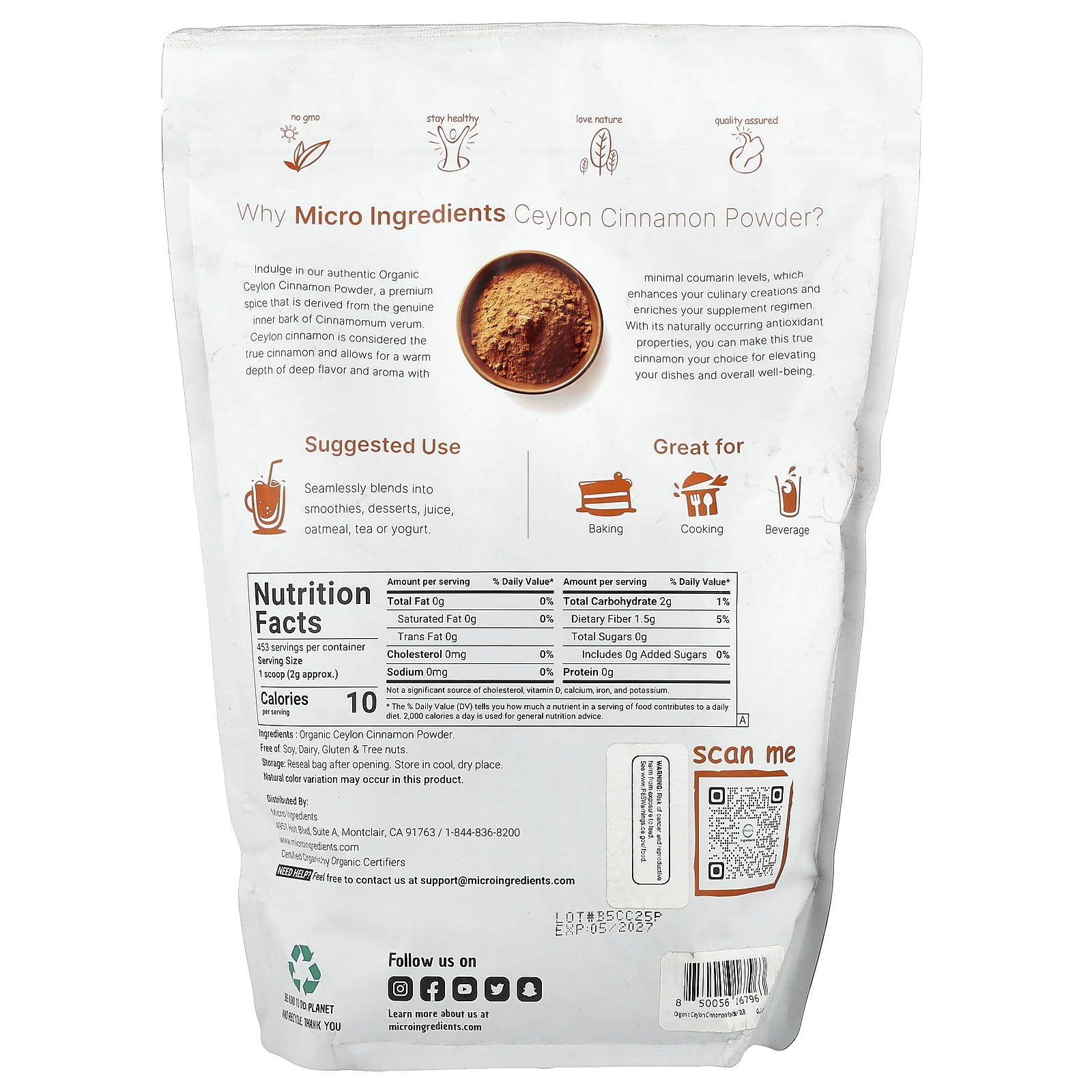 Micro Ingredients, Порошок органической цейлонской корицы, 907 г (2 фунта)