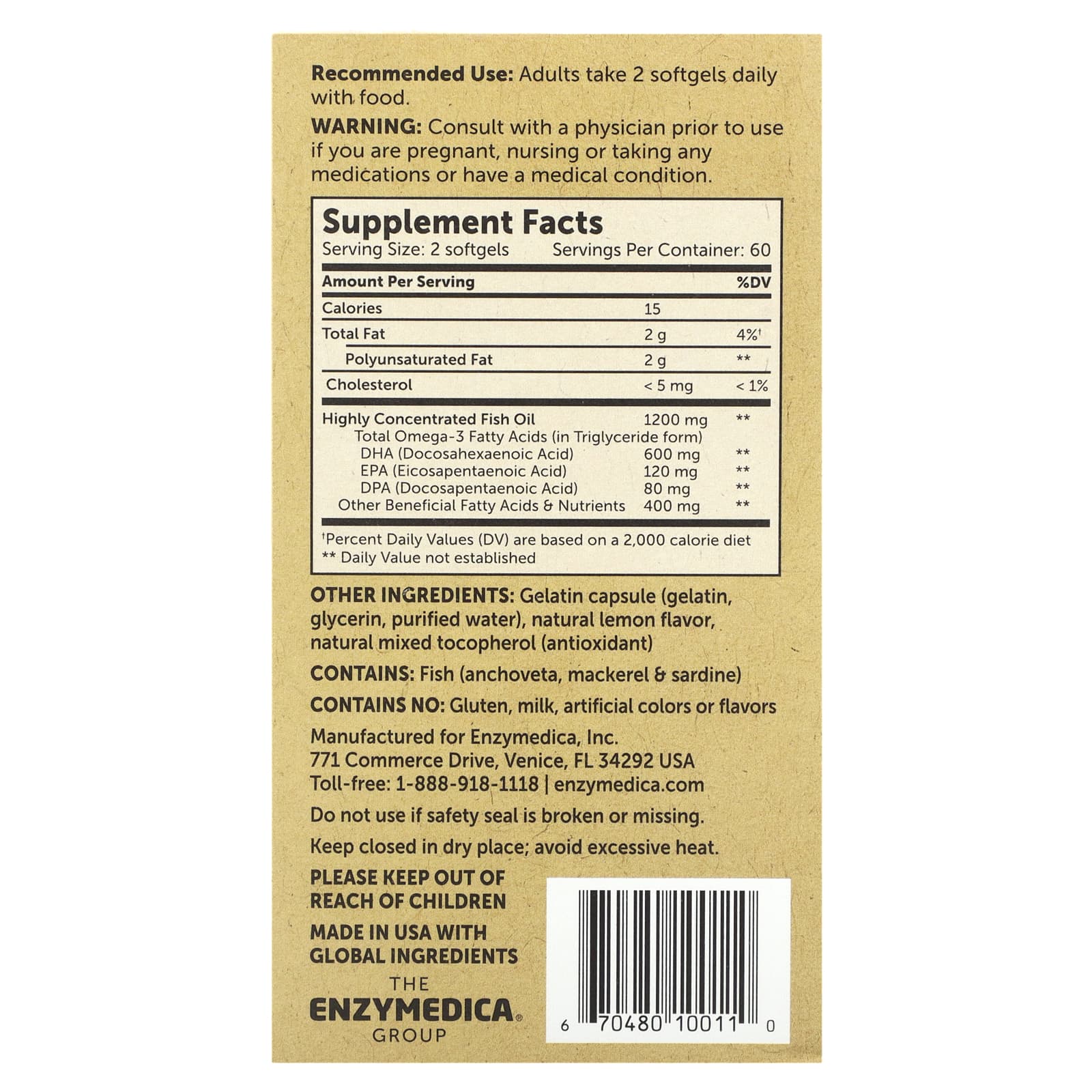 Enzymedica, омега-3, классическая сила действия, со вкусом лимона, 1200 мг, 120 капсул (600 мг в 1 капсуле)