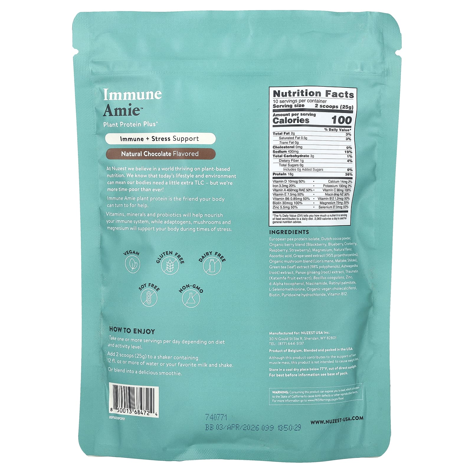 Nuzest, Immune Amie™, Plant Protein Plus+, Natural Chocolate, 8.8 oz (250 g)