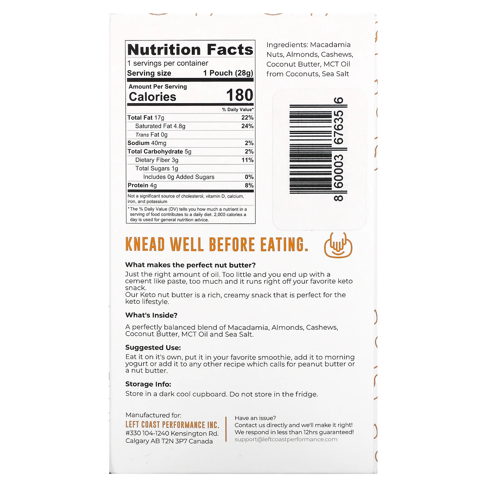 Left Coast Performance, Кето-ореховое масло с маслом MCT, 10 пакетиков по 28 г (1 унция)