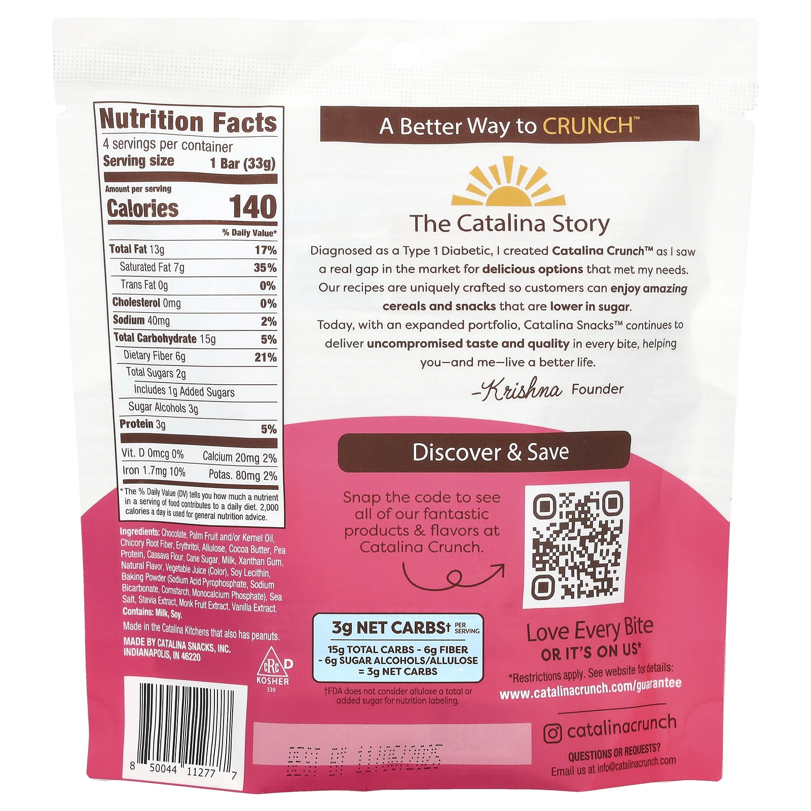 Catalina Crunch, Шоколадное печенье, малиновое, 4 батончика, 33 г (1,16 унции)