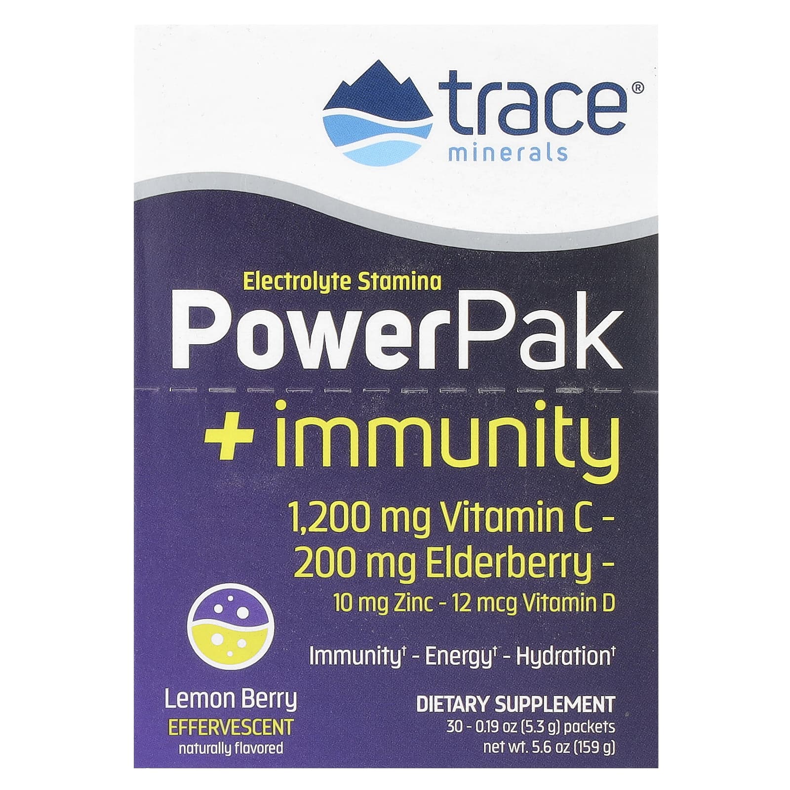 Trace Minerals ®, PowerPak + Immunity, лимон и ягоды, 30 пакетиков по 5,3 г (0,19 унции)