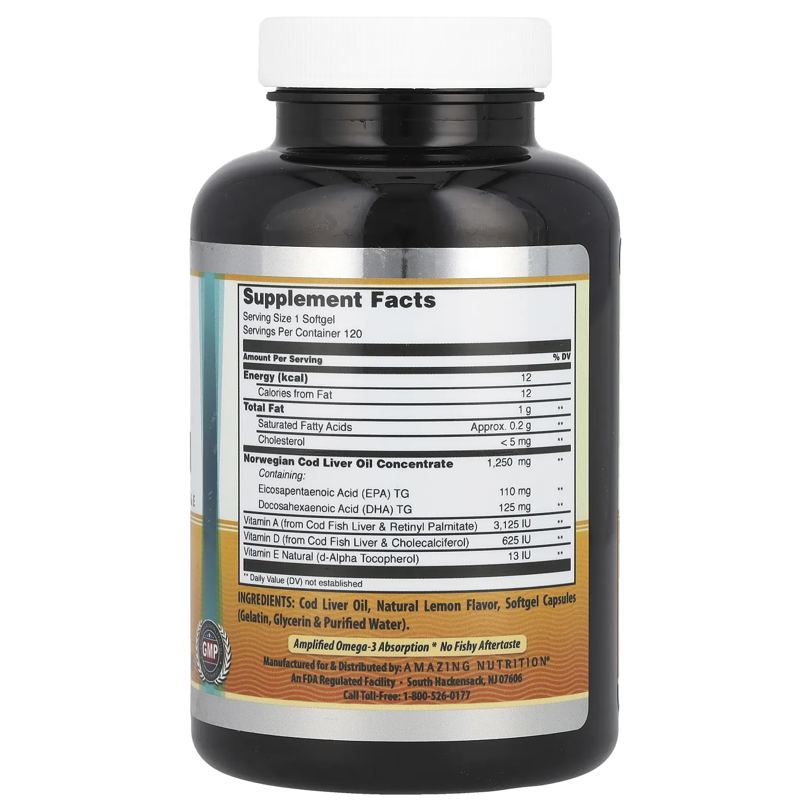 Amazing Nutrition, Жир печени норвежской трески, лимон, 1250 мг, 120 мягких таблеток