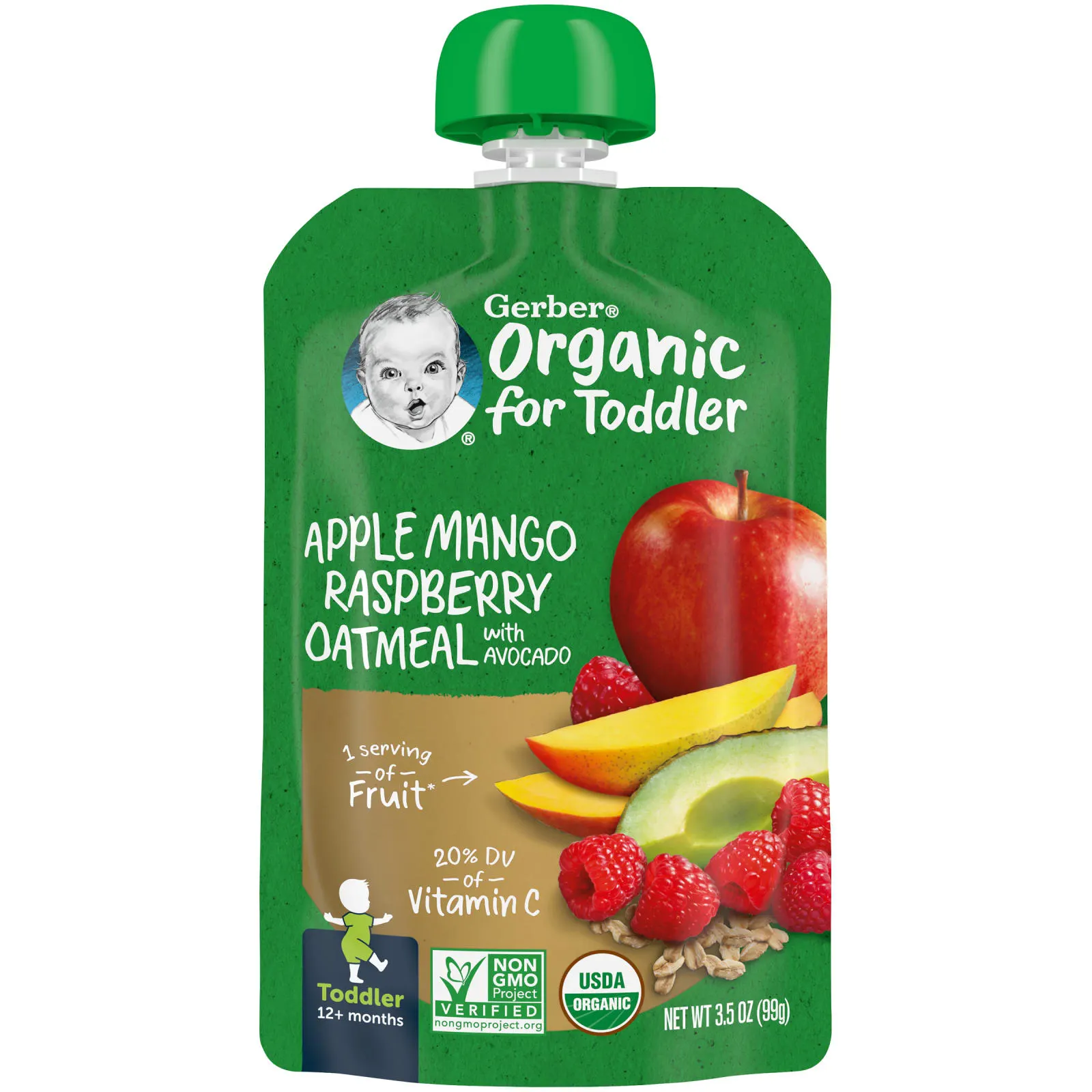 Gerber, Organic для малышей от 12 месяцев, овсянка с яблоком, манго, малиной и авокадо, 99 г (3,5 унции)