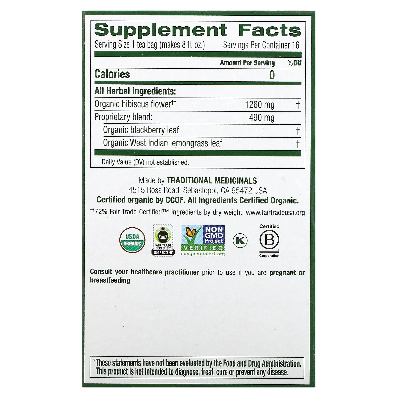 Traditional Medicinals, органический гибискус, без кофеина, 16 чайных пакетиков в упаковке, 28 г (0,99 унции)