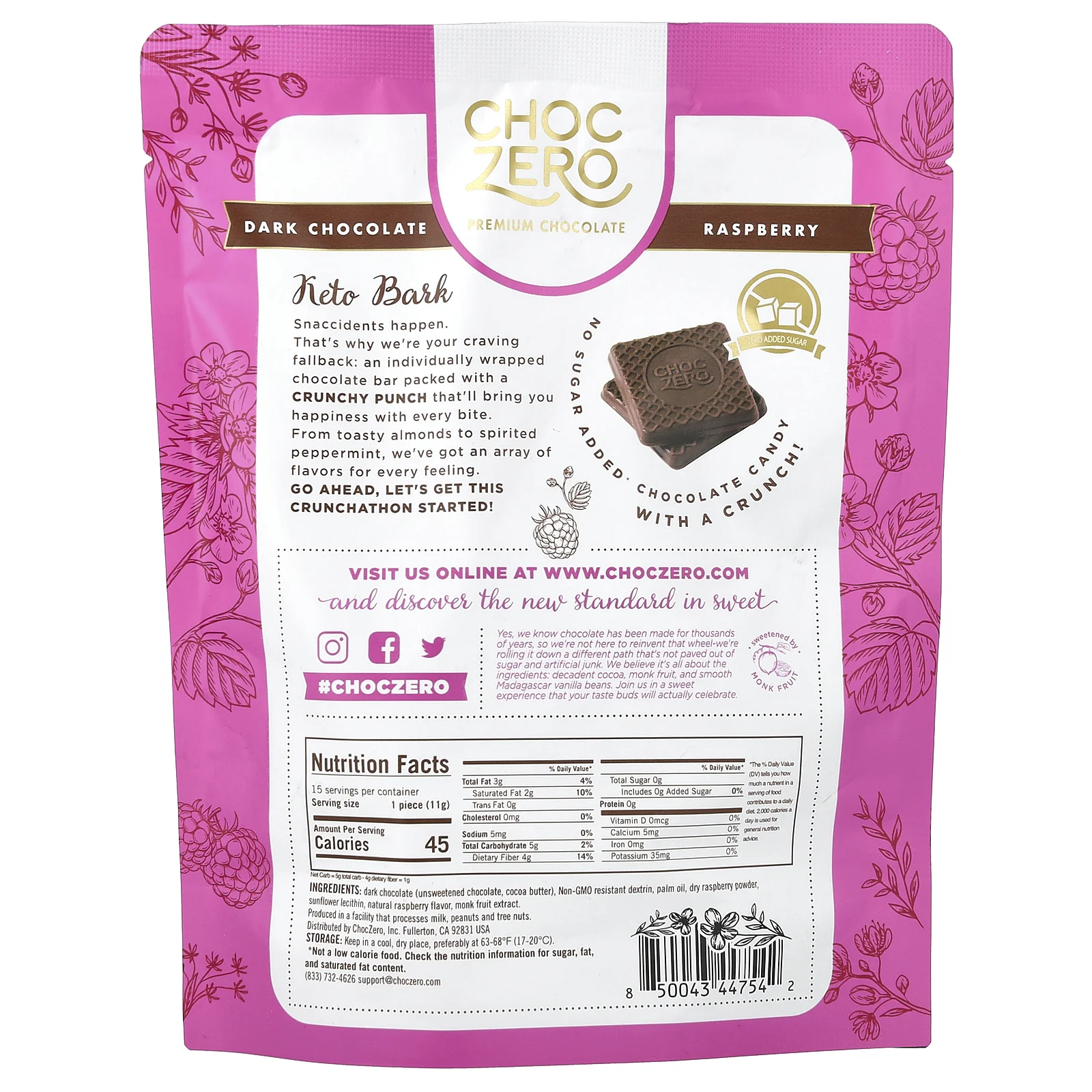 ChocZero, Keto Bark, темный шоколад, малина, 15 мини-упаковок, 170 г (6 унций)