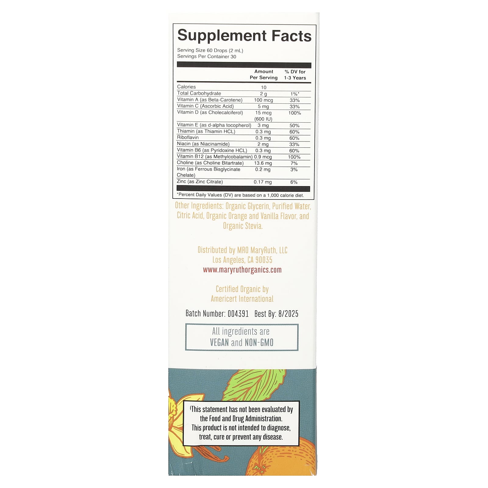 MaryRuth's, органические мультивитамины для малышей, с железом, для детей 1–3 лет, со вкусом апельсина и ванили, 60 мл (2 жидк. унции)