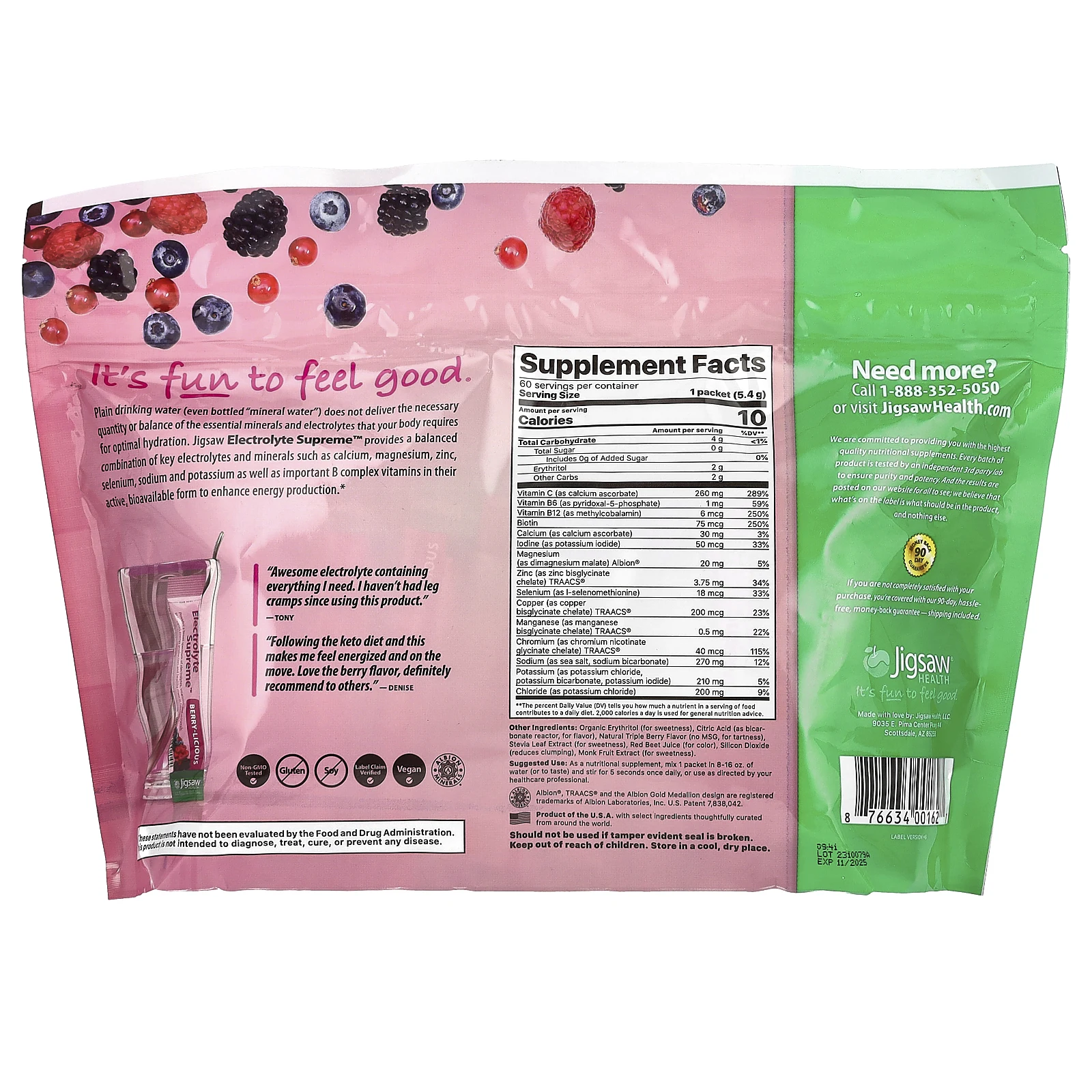 Jigsaw Health, Electrolyte Supreme, ягодный вкус, 60 пакетов, 11,4 унции (324 г)