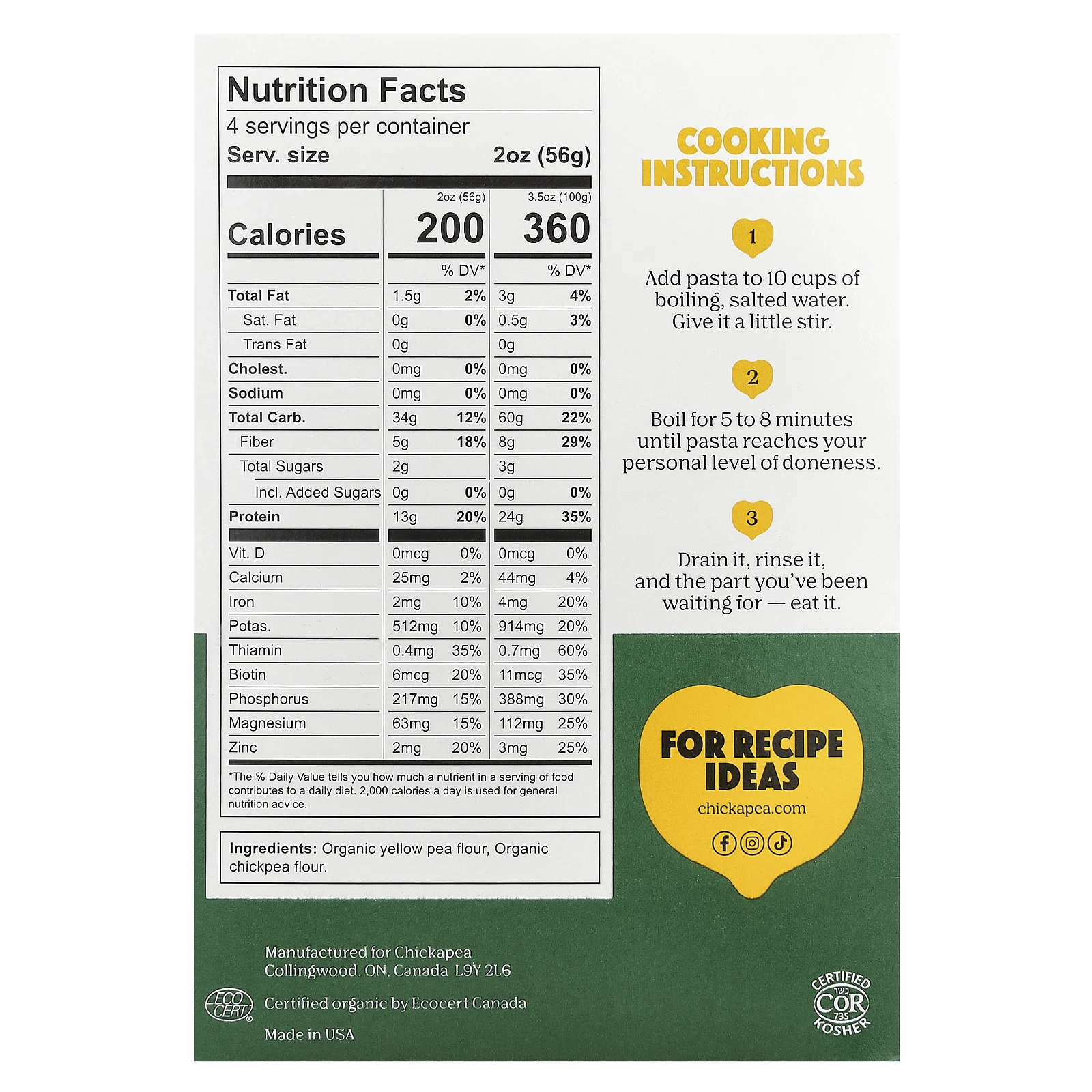 Chickapea, Органический пенне, 227 г (8 унций)