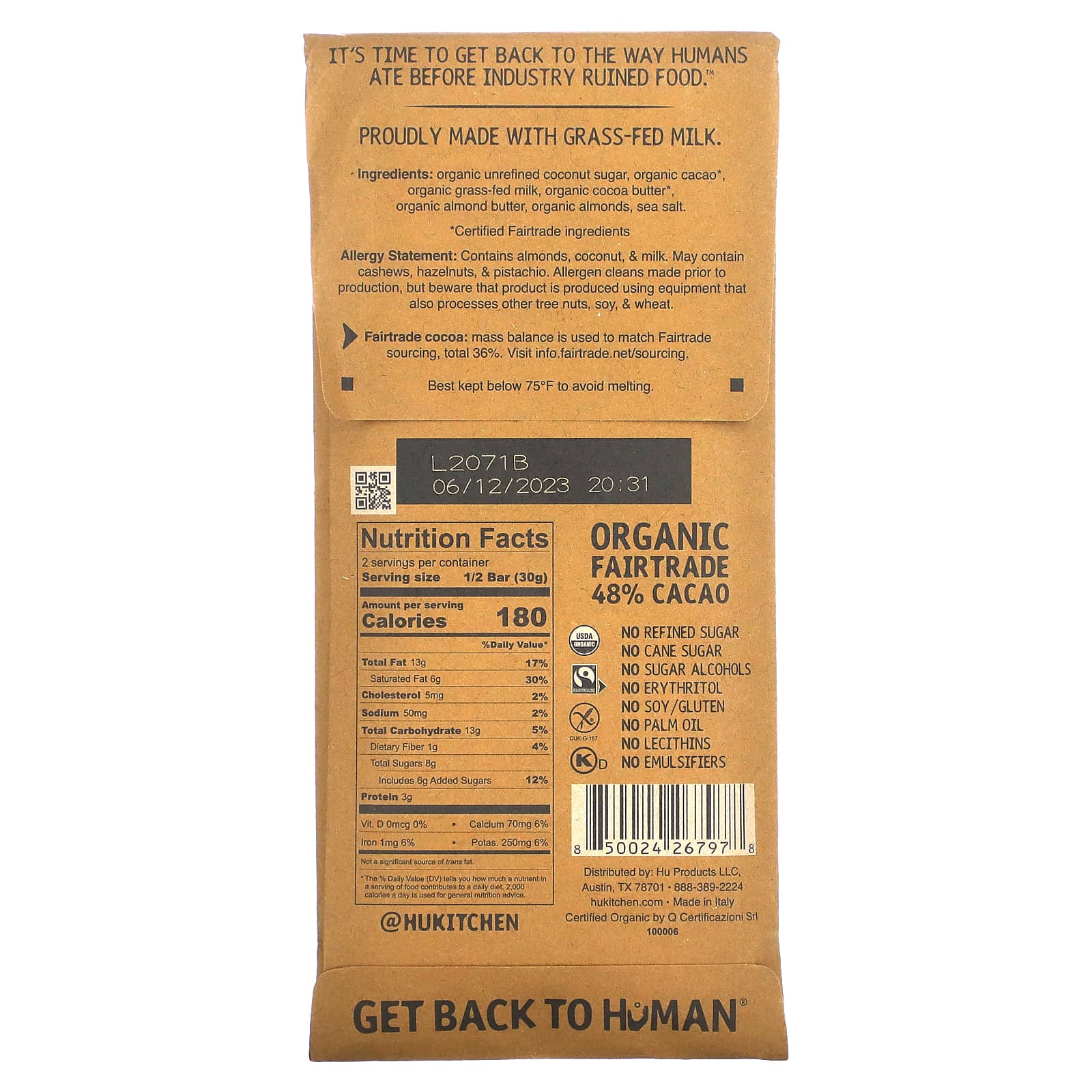 Hu, Миндальная паста + миндальный молочный шоколад, 60 г (2,1 унции)