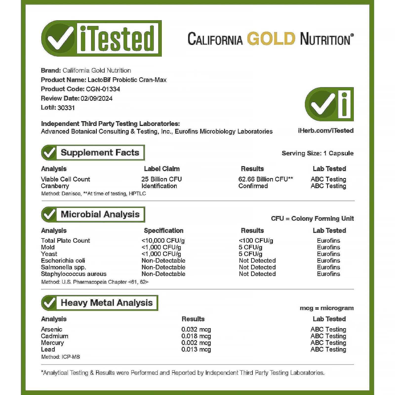 California Gold Nutrition, Lactobif, Cran-Max, пробиотики, 25 млрд КОЕ, 30 растительных капсул