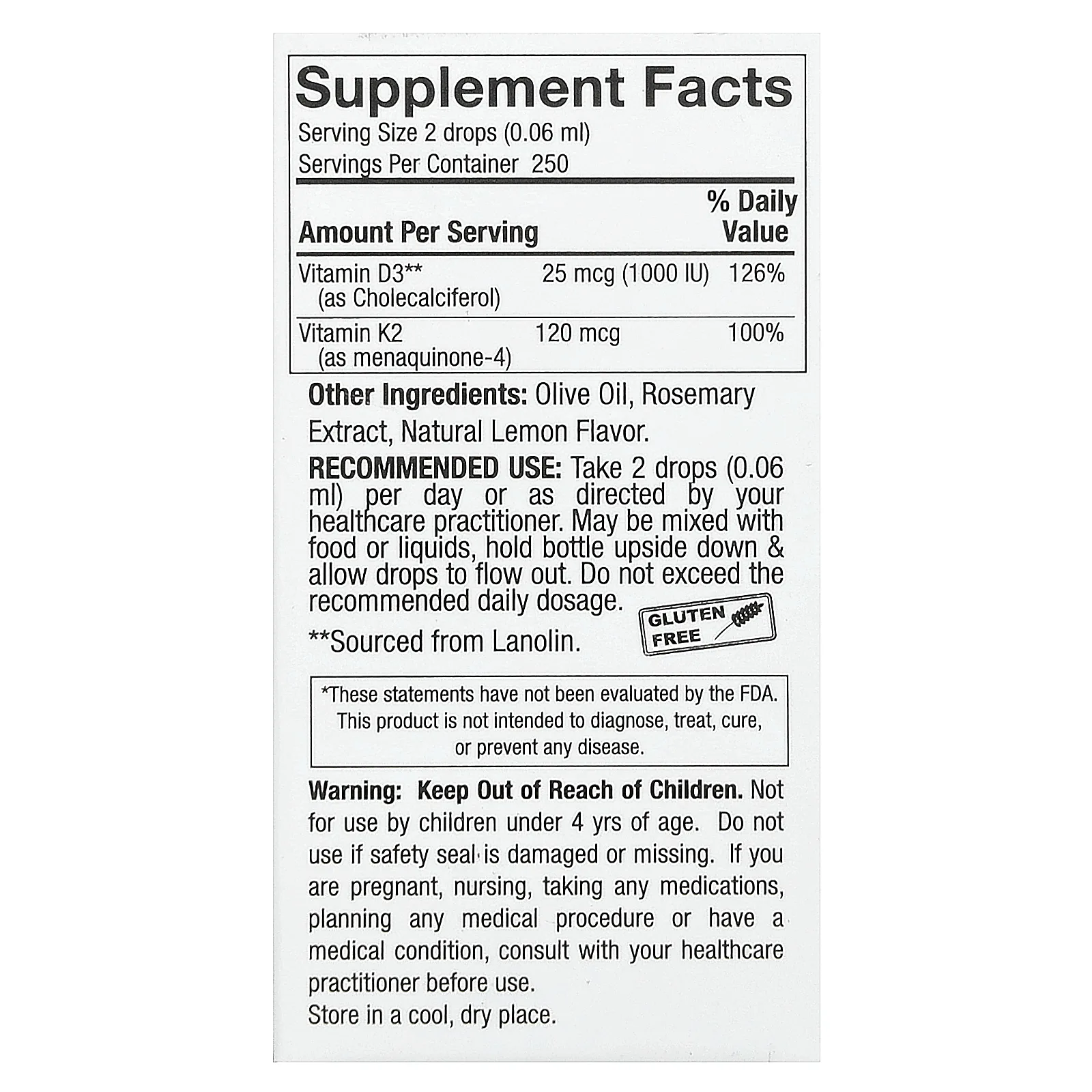 Nature's Answer, витамины D3 и K2, 25 мкг (1000 МЕ) и 120 мкг, 0,5 мл (120 жидк. унций)